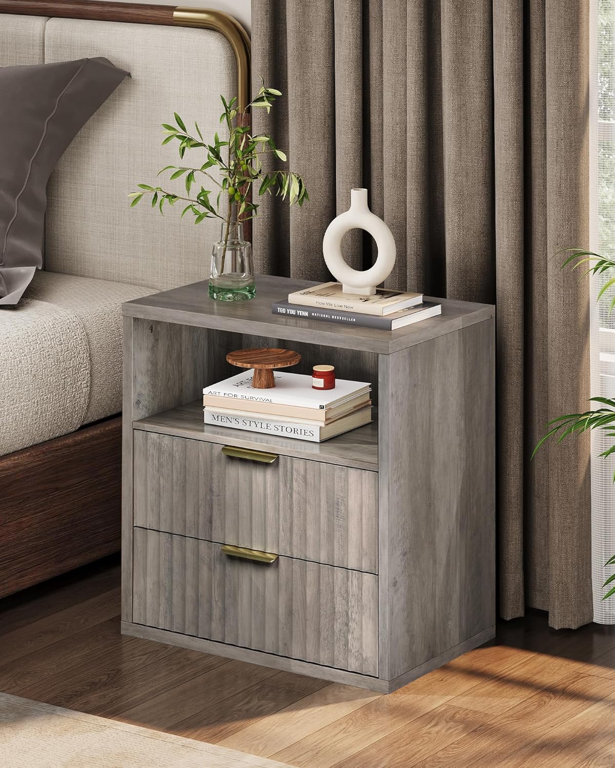 WLIVE Fluted Night Stand Set 2, Wood Nightstands  with Storage Drawers and Open Shelf
