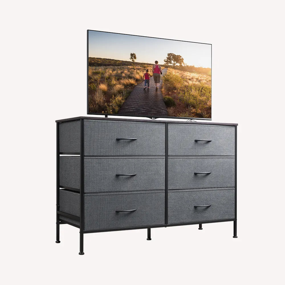 WLIVE Minimalist Fabric 7-Drawer Large Storage Dresser TV Stand in Dark Grey