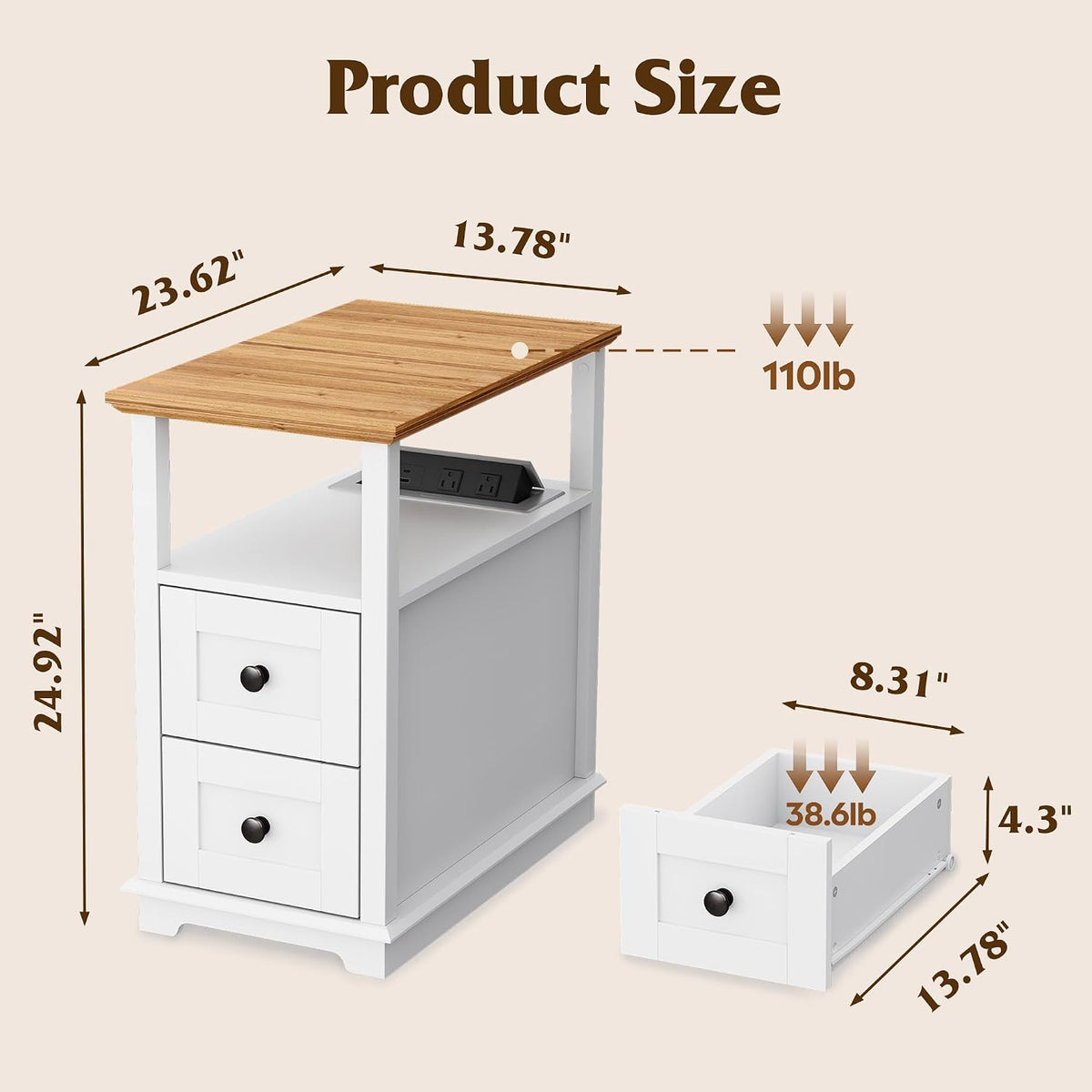 WLIVE End Table with Charging Station & 2 Drawers Narrow Nightstand White 2 USB Ports + 2 AC Outlets; Hidden Flip-Top Charging Station; Antique Cherry Finish; 2 Drawers + Open Shelf + Cabinet Storage