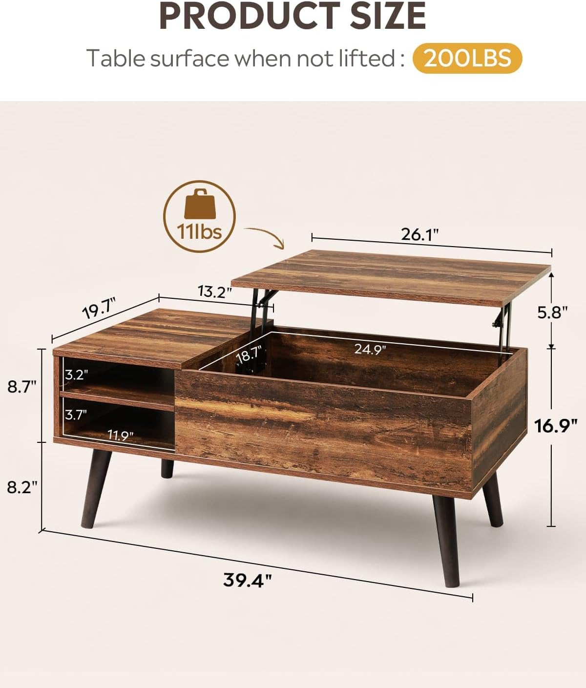 WLIVE Lift Top Coffee Table with Hidden Storage, Adjustable Shelf