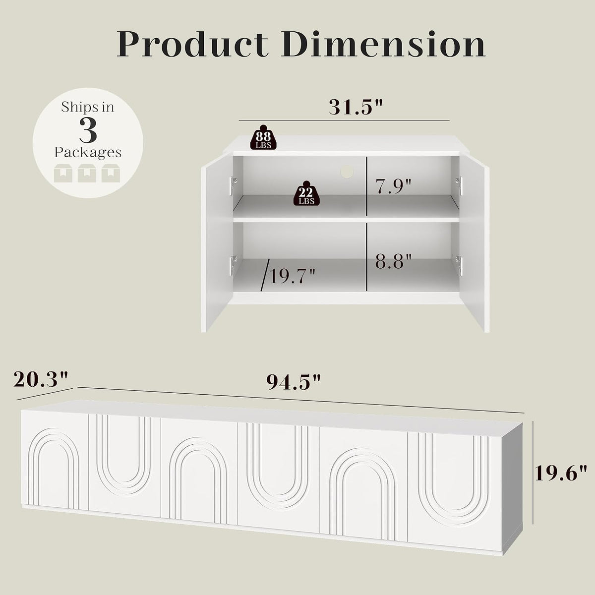 WLIVE Modern Modular TV Stand for 100 inch TV, Combinable Storage,  Cream White 3D Embossed Arched Door Entertainment Center, Adjustable Shelves, Cable Management, Living Room, Bedroom