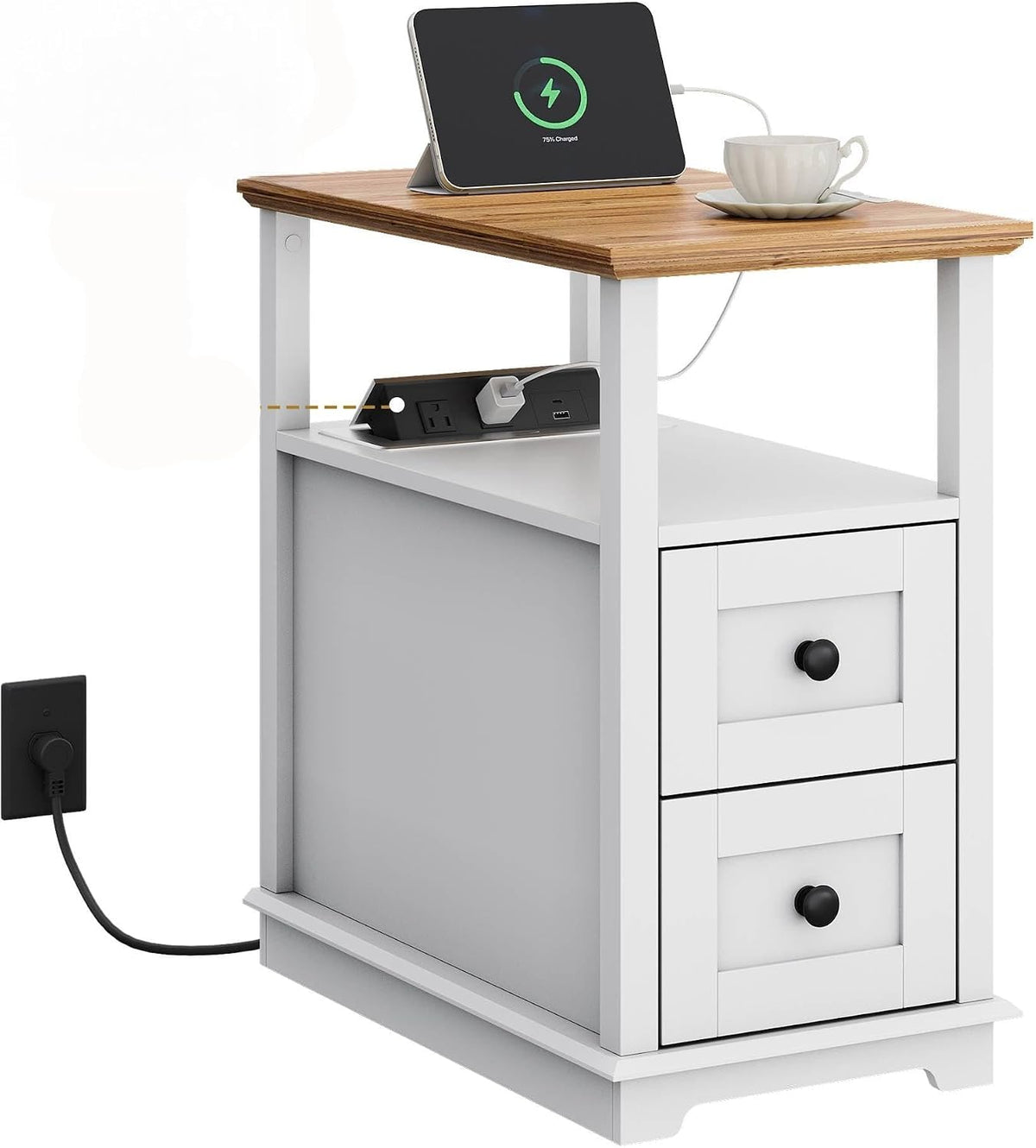WLIVE End Table with Charging Station & 2 Drawers Narrow Nightstand White 2 USB Ports + 2 AC Outlets; Hidden Flip-Top Charging Station; Antique Cherry Finish; 2 Drawers + Open Shelf + Cabinet Storage