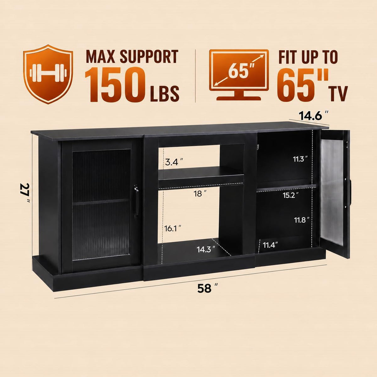 WLIVE 58" Farmhouse TV Stand for 65/60/55 Inch TVs, Tall Entertainment Center with Storage Cabinets & Adjustable Shelves, Modern Media Console Table with Acrylic Doors for Living Room Bedroom, Black