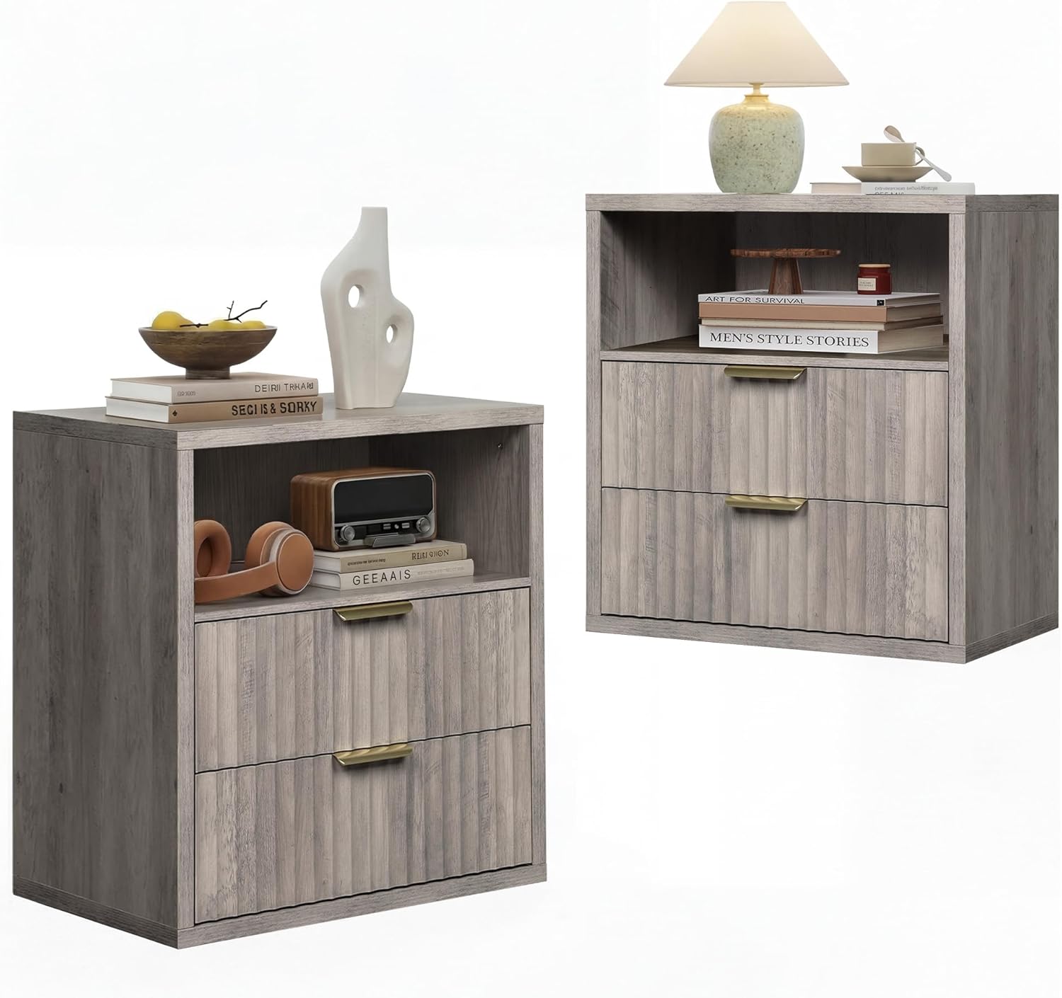 WLIVE Fluted Night Stand Set 2, Wood Nightstands  with Storage Drawers and Open Shelf