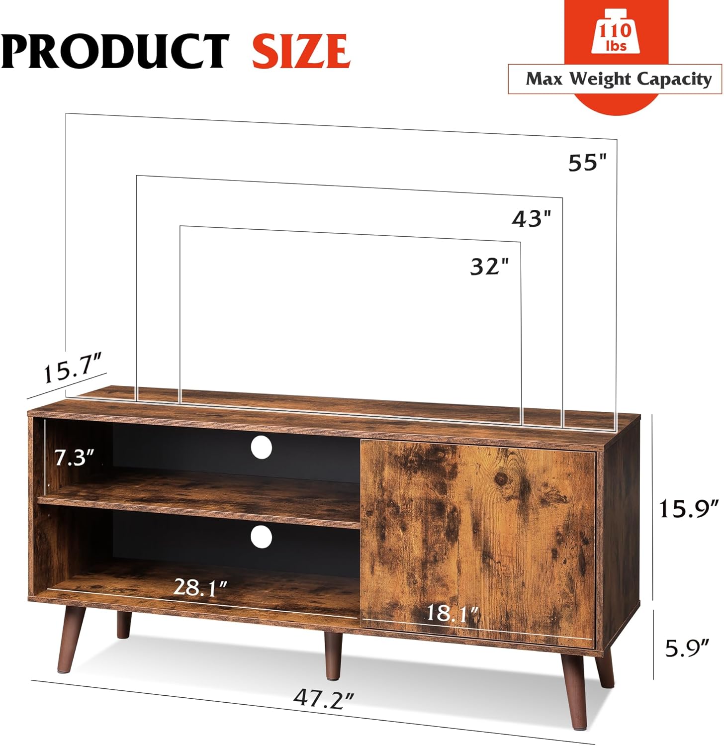 Size of WLIVE Mid Century Modern TV Stand with Storage for 55 Inch TV