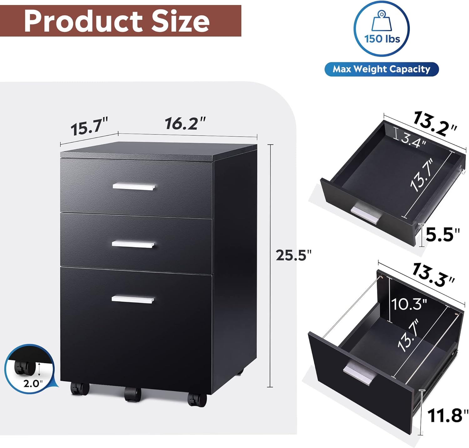 DEVAISE 3-Drawer Wood Mobile File Cabinet