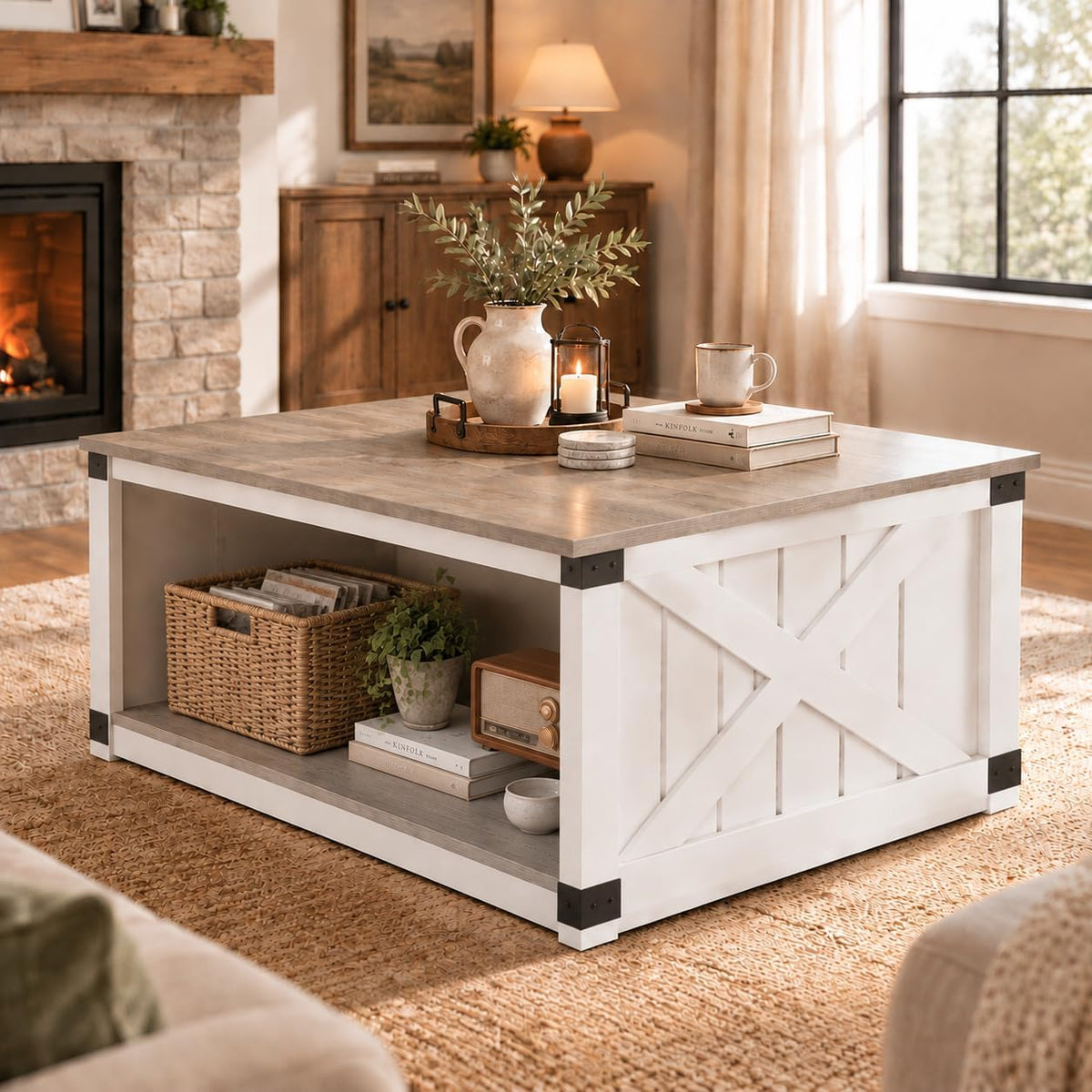 WLIVE Coffee Table, Farmhouse Coffee Table with Open Storage, 31.5" Wood Square Living Room Tables, Rustic Dining Cocktail Center Table for Living Room, Grey & White