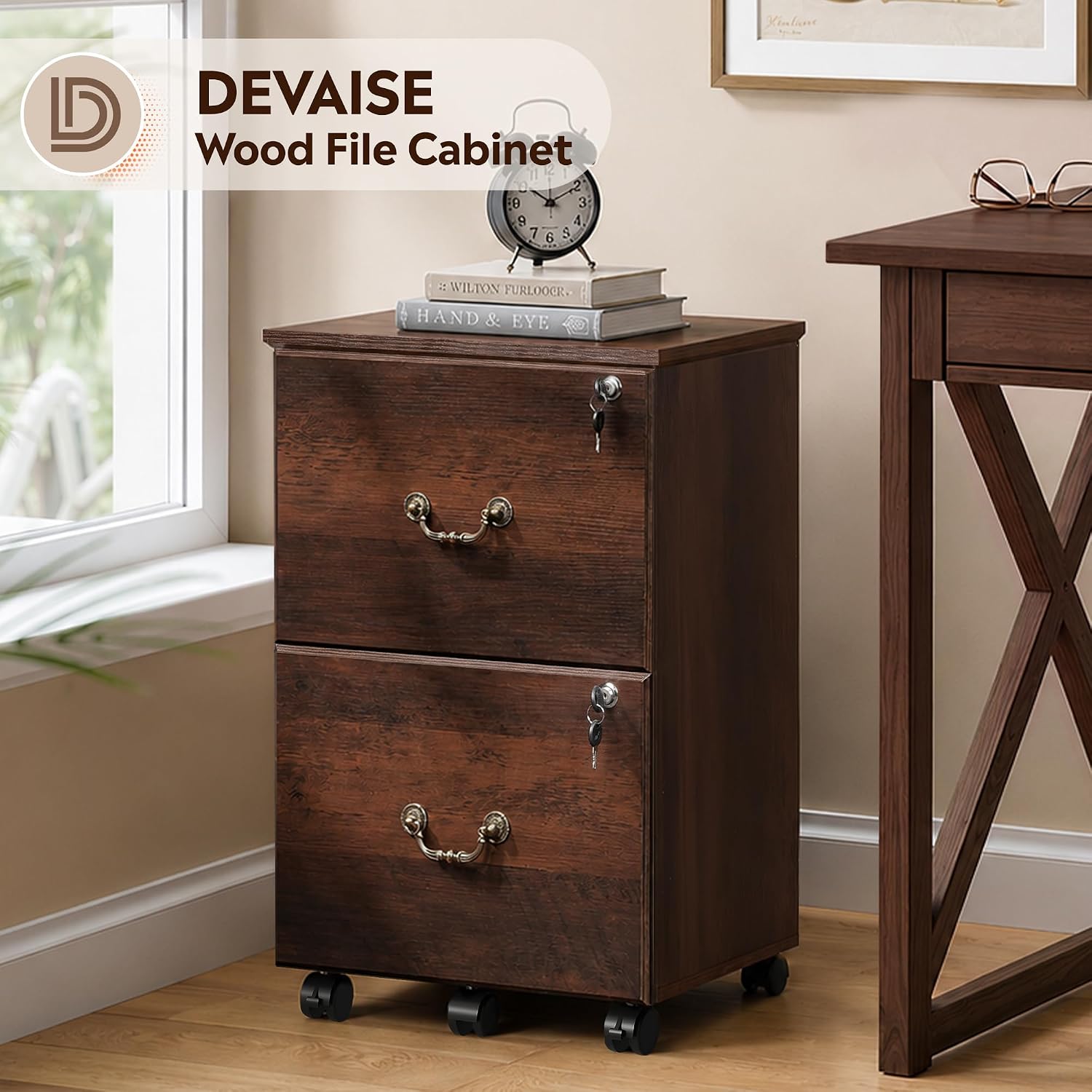 DEVAISE 2 Drawer File Cabinet, Mobile File Cabinet with Lock, Brown Oak | Wood Filing Cabinet for Under Desk for Home Office, Rolling Printer Stand for Office Storage, 360° Lockable Casters