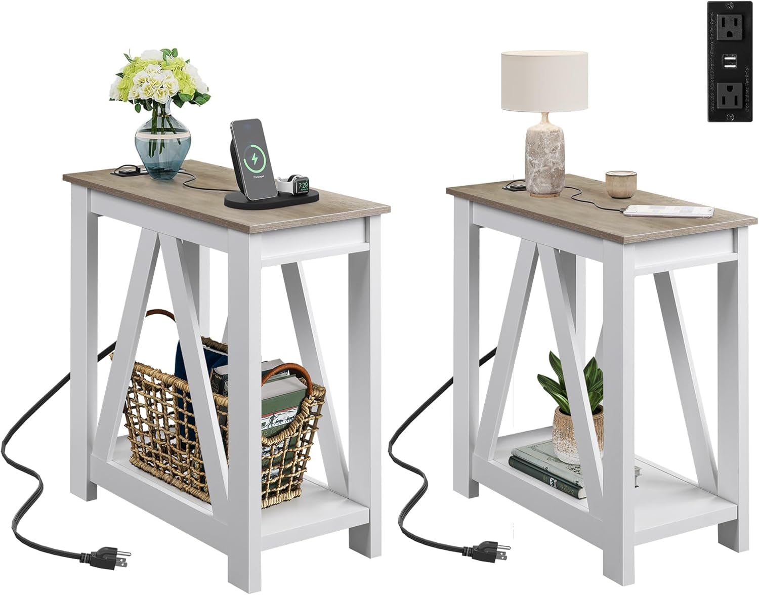 WLIVE End Tables Living Room Set of 2 with Charging Station, Sofa Side Tables with Open Storage Shelf, Slim Farmhouse End Table Sets