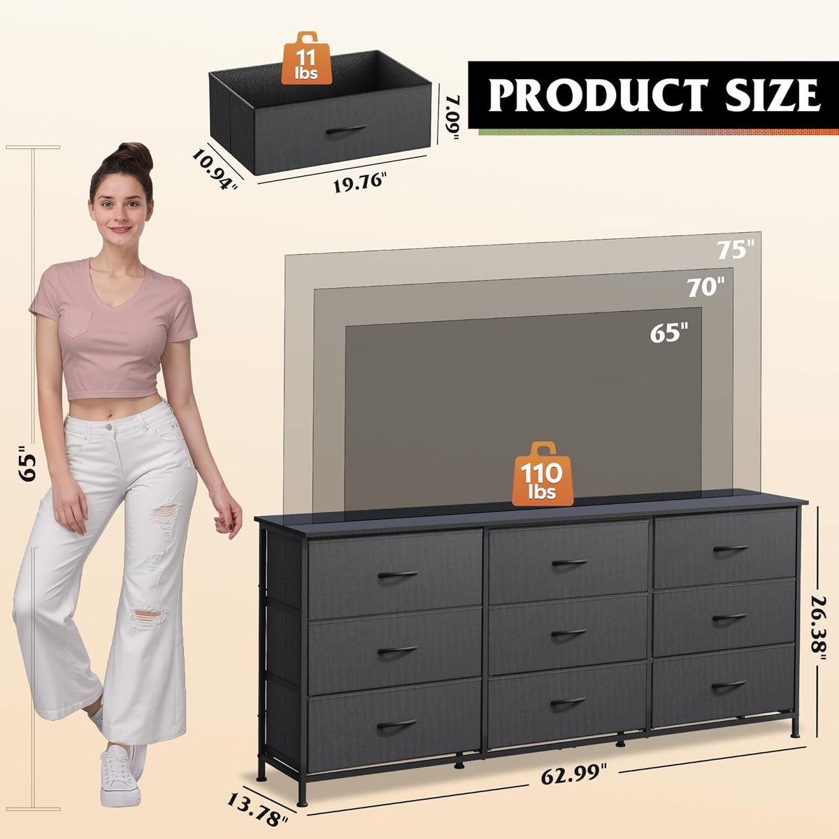 WLIVE Dresser TV Stand for 75'' TV, 9 Fabric Drawers of Wide Dresser, Black