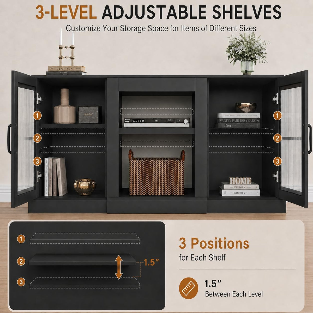 WLIVE 58" Farmhouse TV Stand for 65/60/55 Inch TVs, Tall Entertainment Center with Storage Cabinets & Adjustable Shelves, Modern Media Console Table with Acrylic Doors for Living Room Bedroom, Black