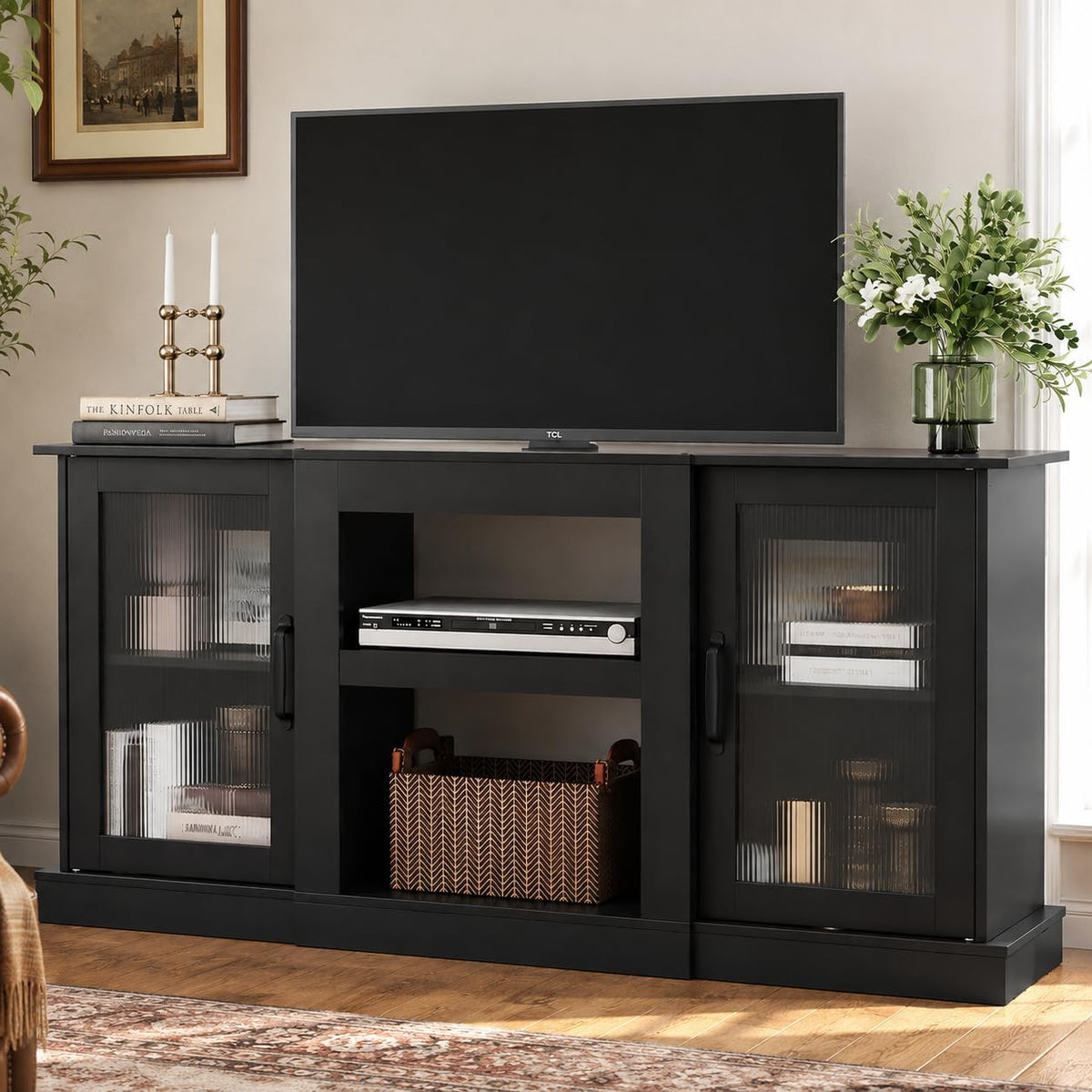 WLIVE 58" Farmhouse TV Stand for 65/60/55 Inch TVs, Tall Entertainment Center with Storage Cabinets & Adjustable Shelves, Modern Media Console Table with Acrylic Doors for Living Room Bedroom, Black