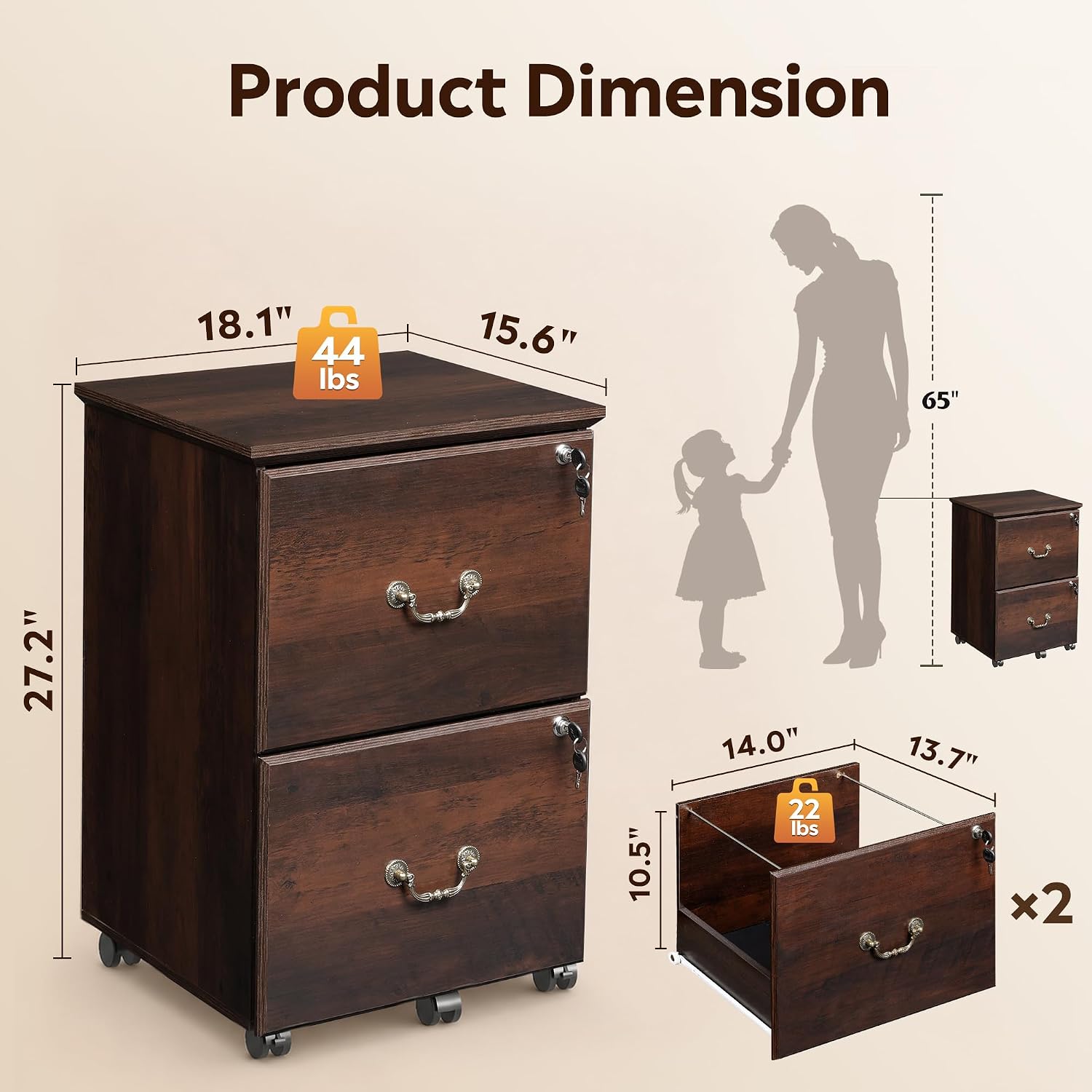 DEVAISE 2 Drawer File Cabinet, Mobile File Cabinet with Lock, Brown Oak | Wood Filing Cabinet for Under Desk for Home Office, Rolling Printer Stand for Office Storage, 360° Lockable Casters