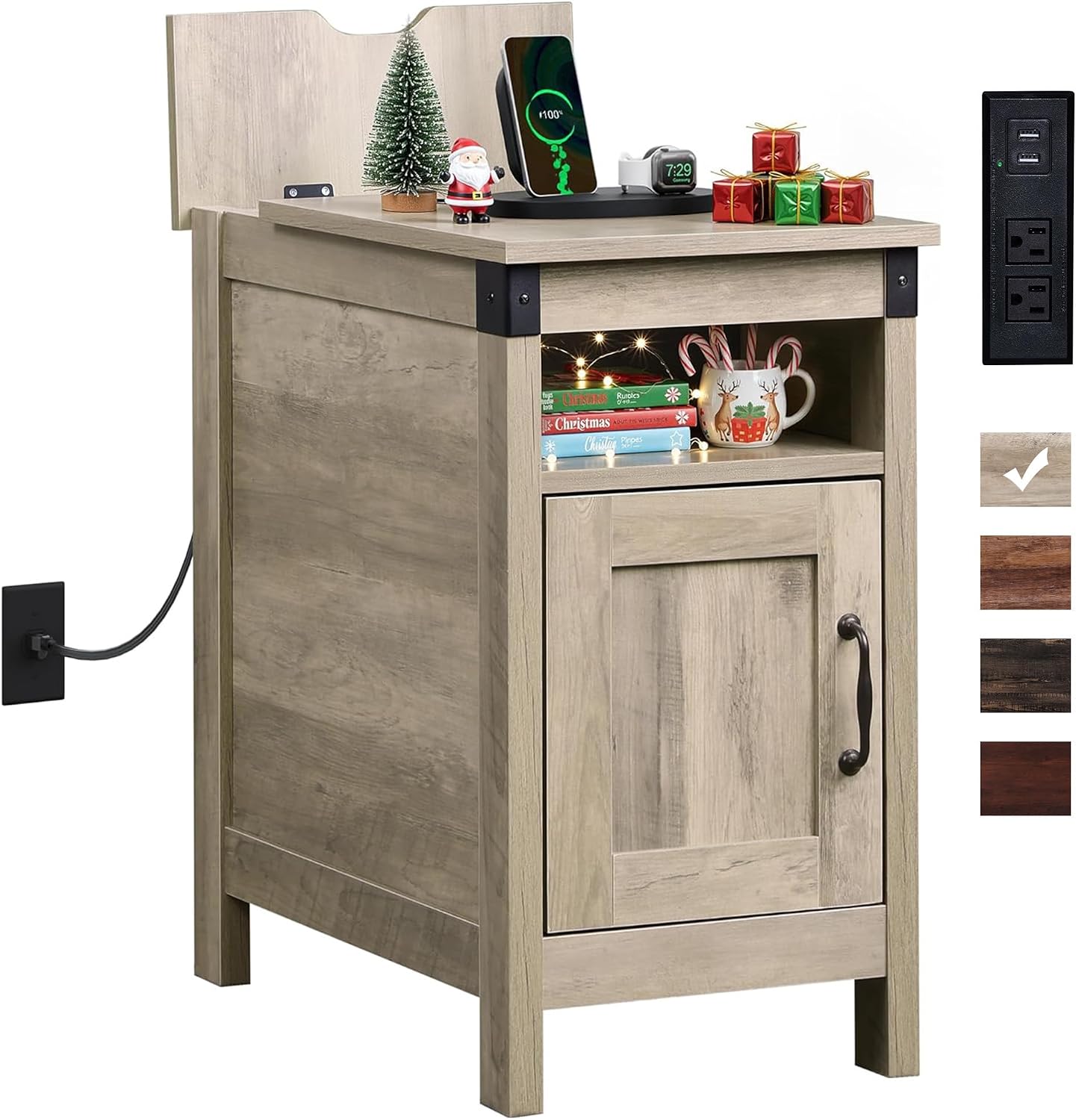 WLIVE End Table with Charging Station, Narrow Side Table for Living Room, Farmhouse Night Stand with Storage, Small Wooden Cabinet with USB Ports and Outlets for Living Room and Bedroom