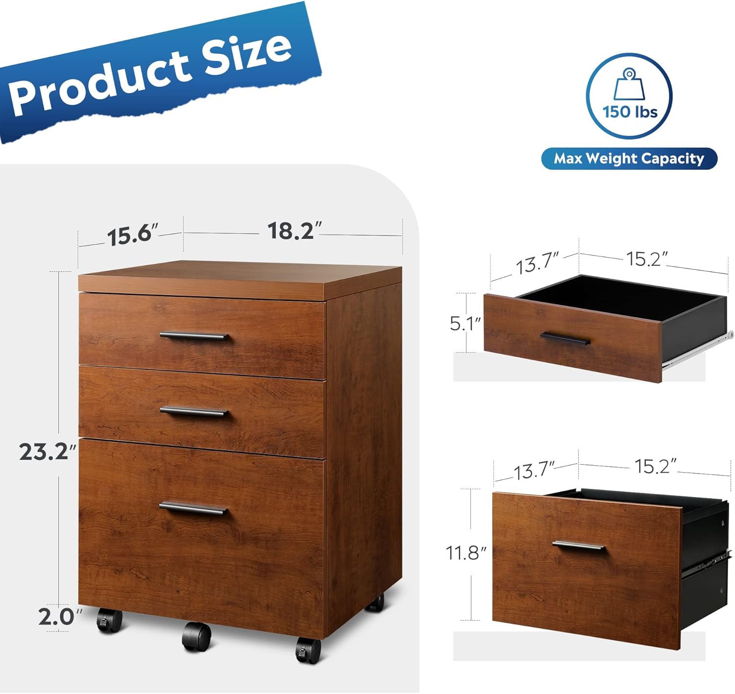 Size of Walnut 3 Drawer File Cabinet