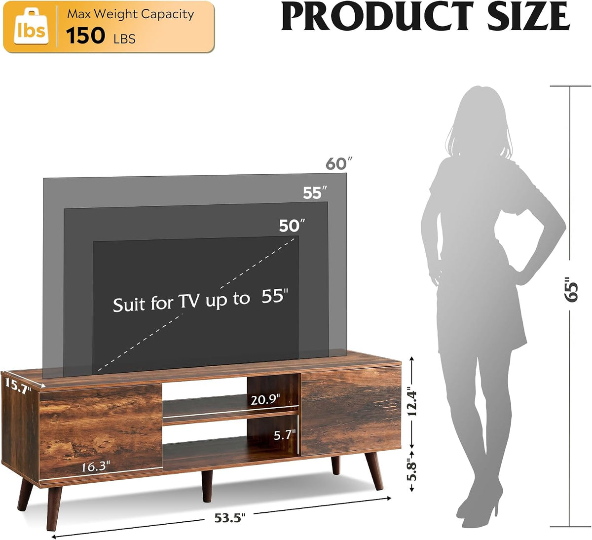 WLIVE TV Stand for 55 60 Inch TV, mid Century Modern Entertainment Center with 2 Cabinets Storage & Adjustable Shelf, Media Console Table for Living Room, Bedroom, Media Furniture