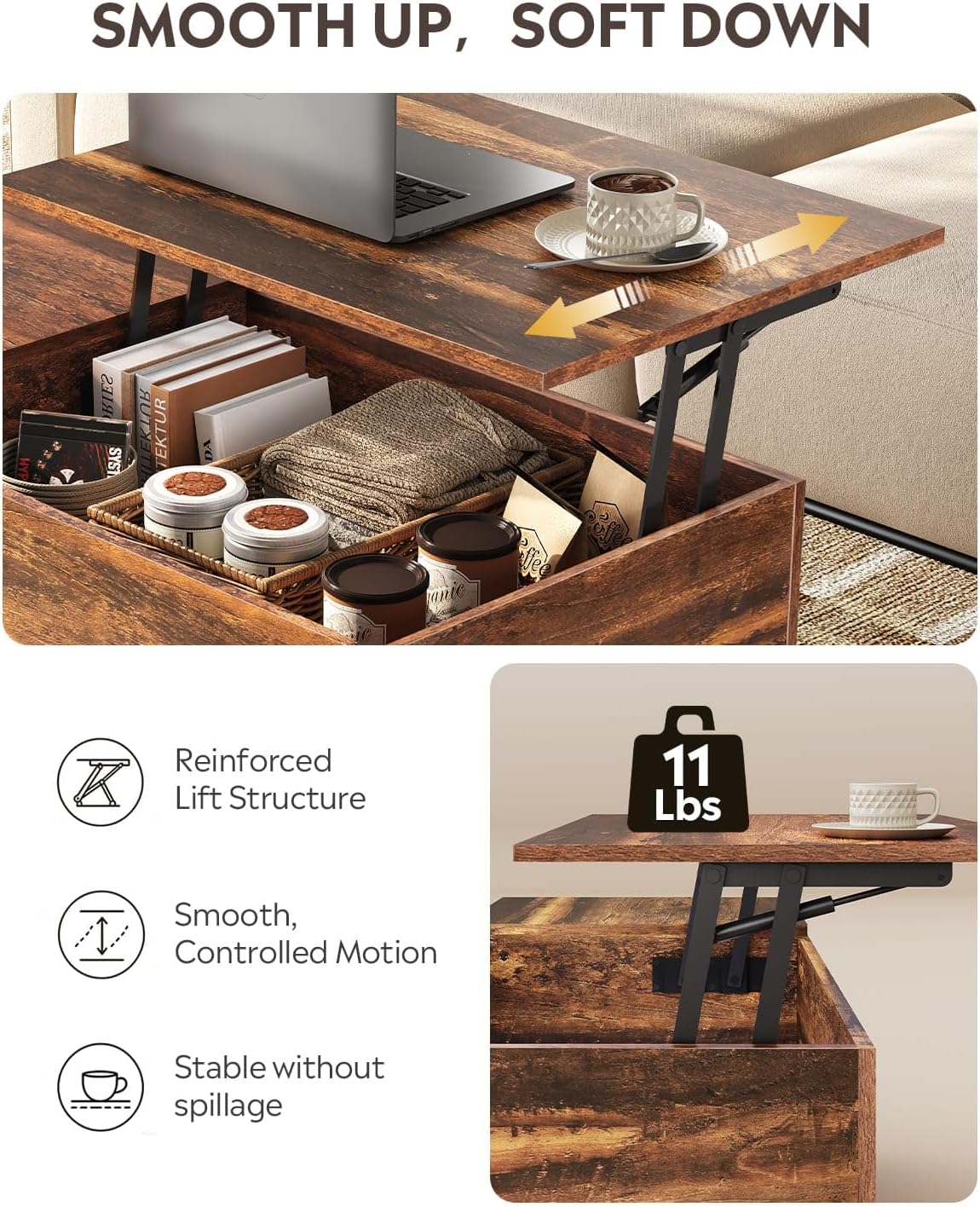 WLIVE Lift Top Coffee Table with Hidden Storage, Adjustable Shelf
