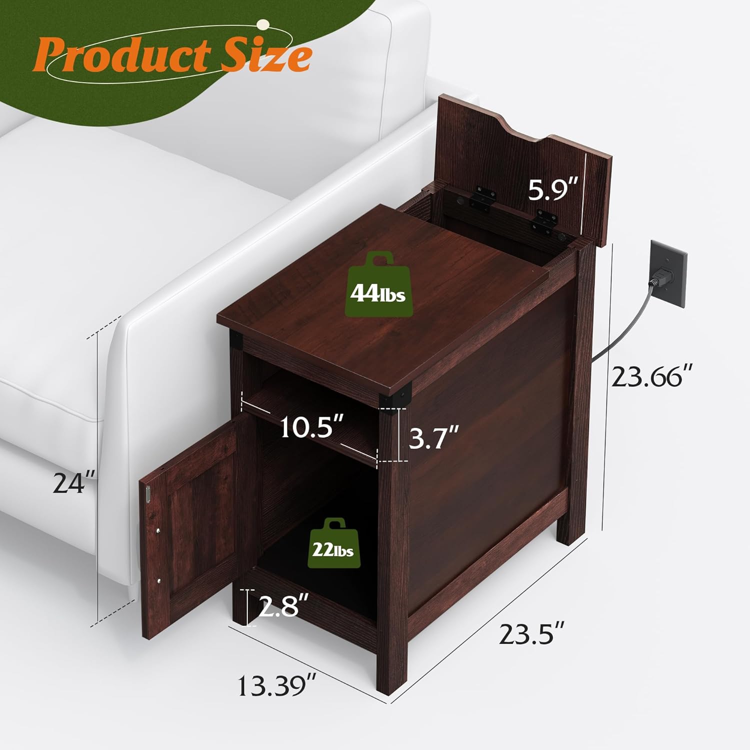 WLIVE Narrow Vintage Charging Side Table with Cabinet
