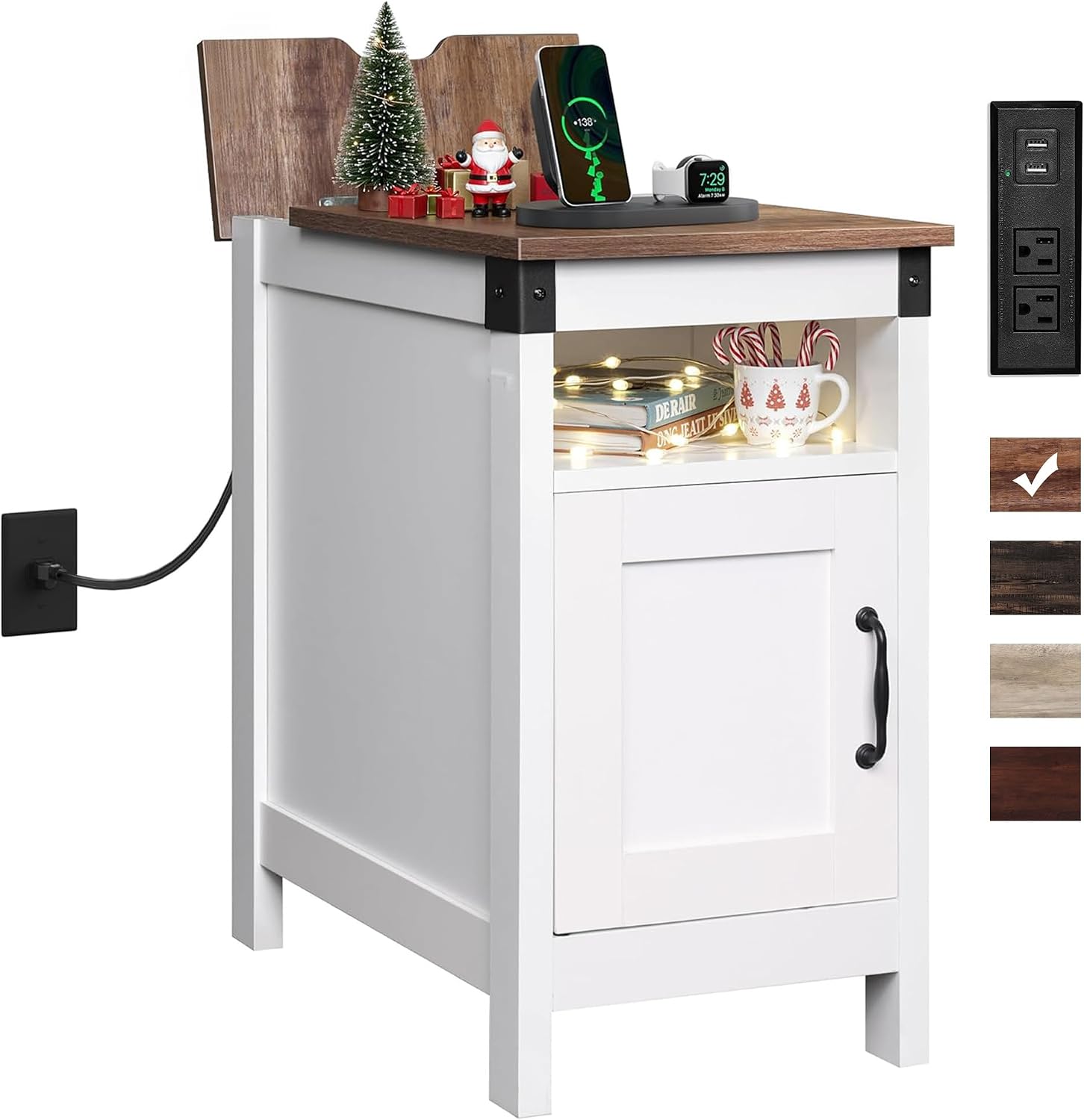WLIVE End Table with Charging Station, Narrow Side Table for Living Room, Farmhouse Night Stand with Storage, Small Wooden Cabinet with USB Ports and Outlets for Living Room and Bedroom