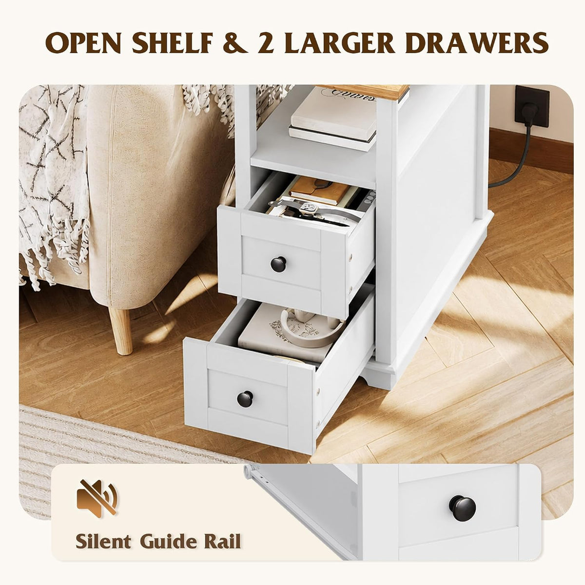WLIVE End Table with Charging Station & 2 Drawers Narrow Nightstand White 2 USB Ports + 2 AC Outlets; Hidden Flip-Top Charging Station; Antique Cherry Finish; 2 Drawers + Open Shelf + Cabinet Storage