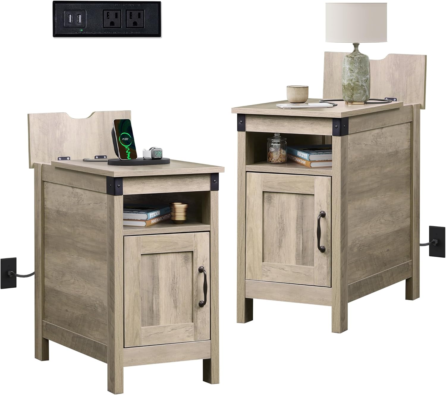 WLIVE Farmhouse End Table Set of 2 with Charging Station, Narrow Side Tables Living Room, Bedroom, Couch with USB Ports and Outlets, Wood Nightstand Sets with Storage