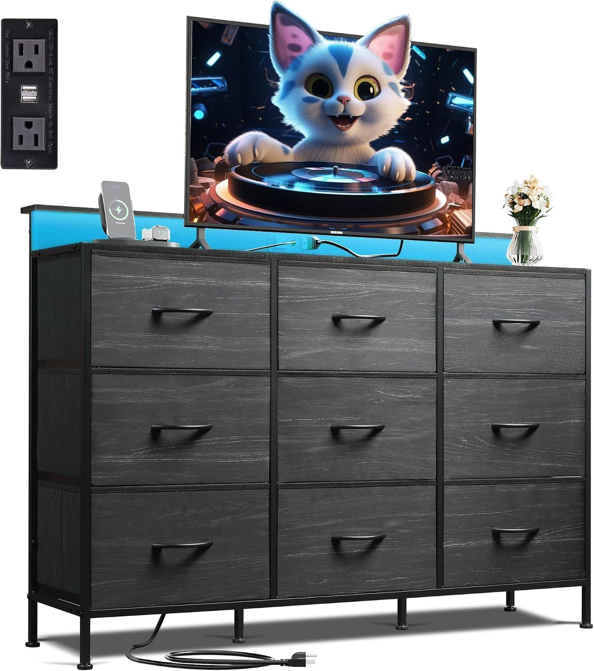 WLIVE Dresser TV Stand with LED Lights &Outlets, 9 Fabric Drawers, Charcoal