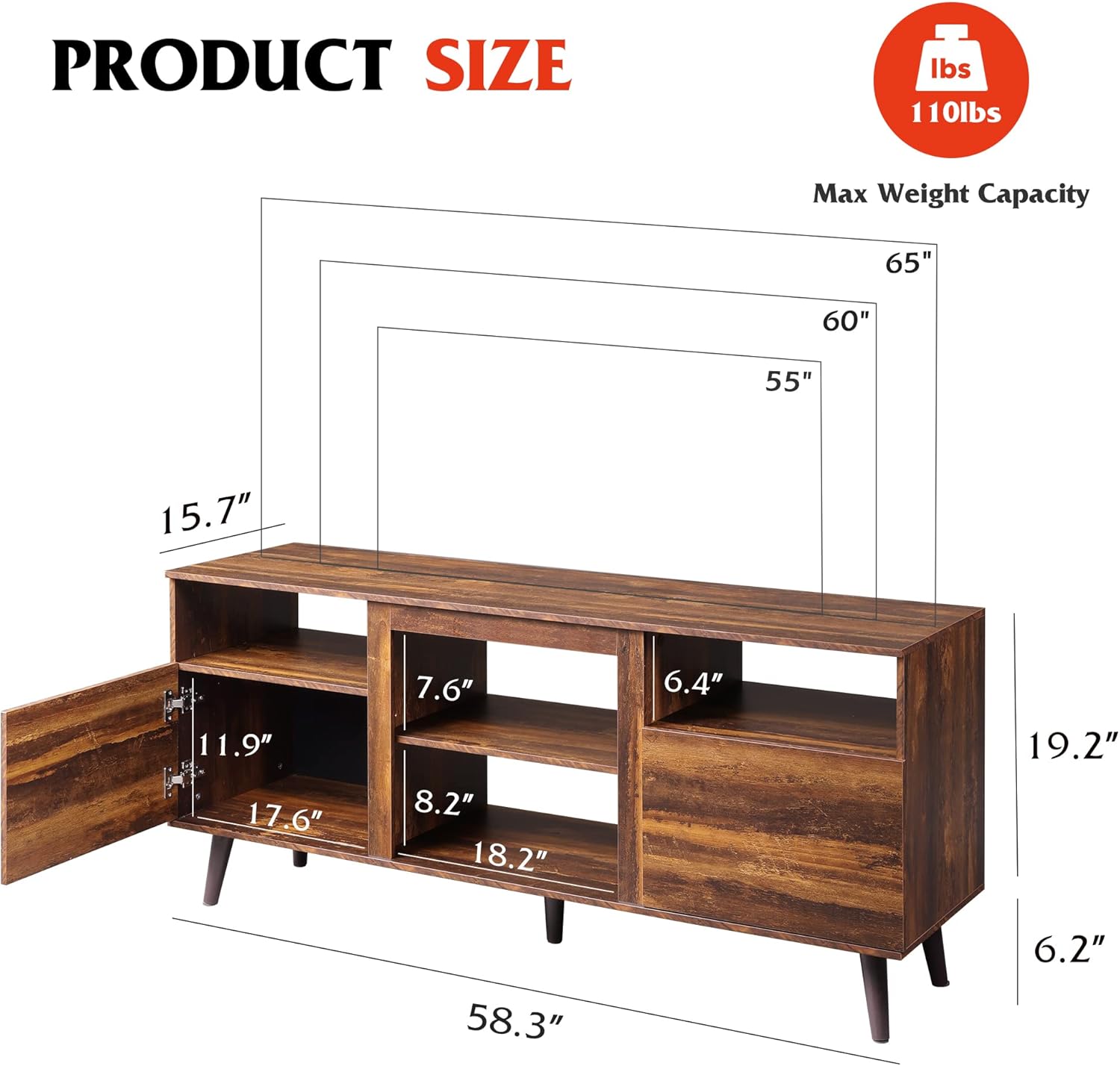 WLIVE Mid Century Modern TV Stand with Cabinets Size