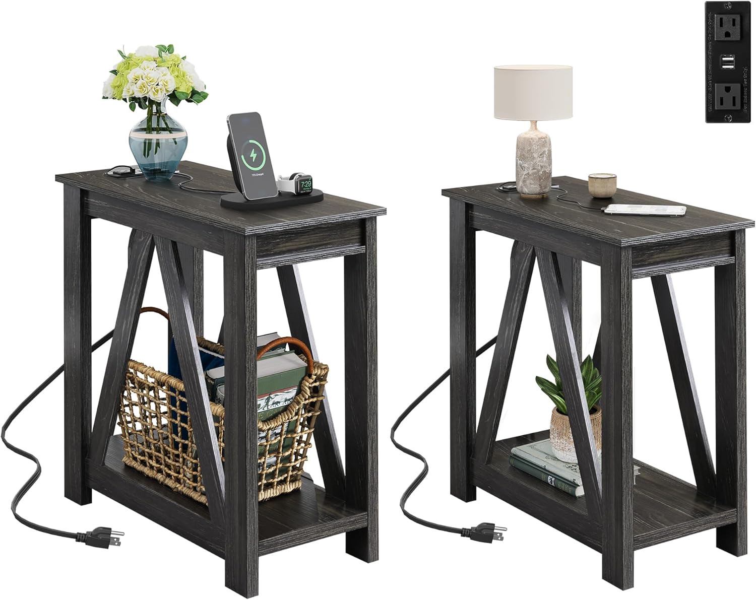WLIVE End Tables Living Room Set of 2 with Charging Station, Sofa Side Tables with Open Storage Shelf, Slim Farmhouse End Table Sets