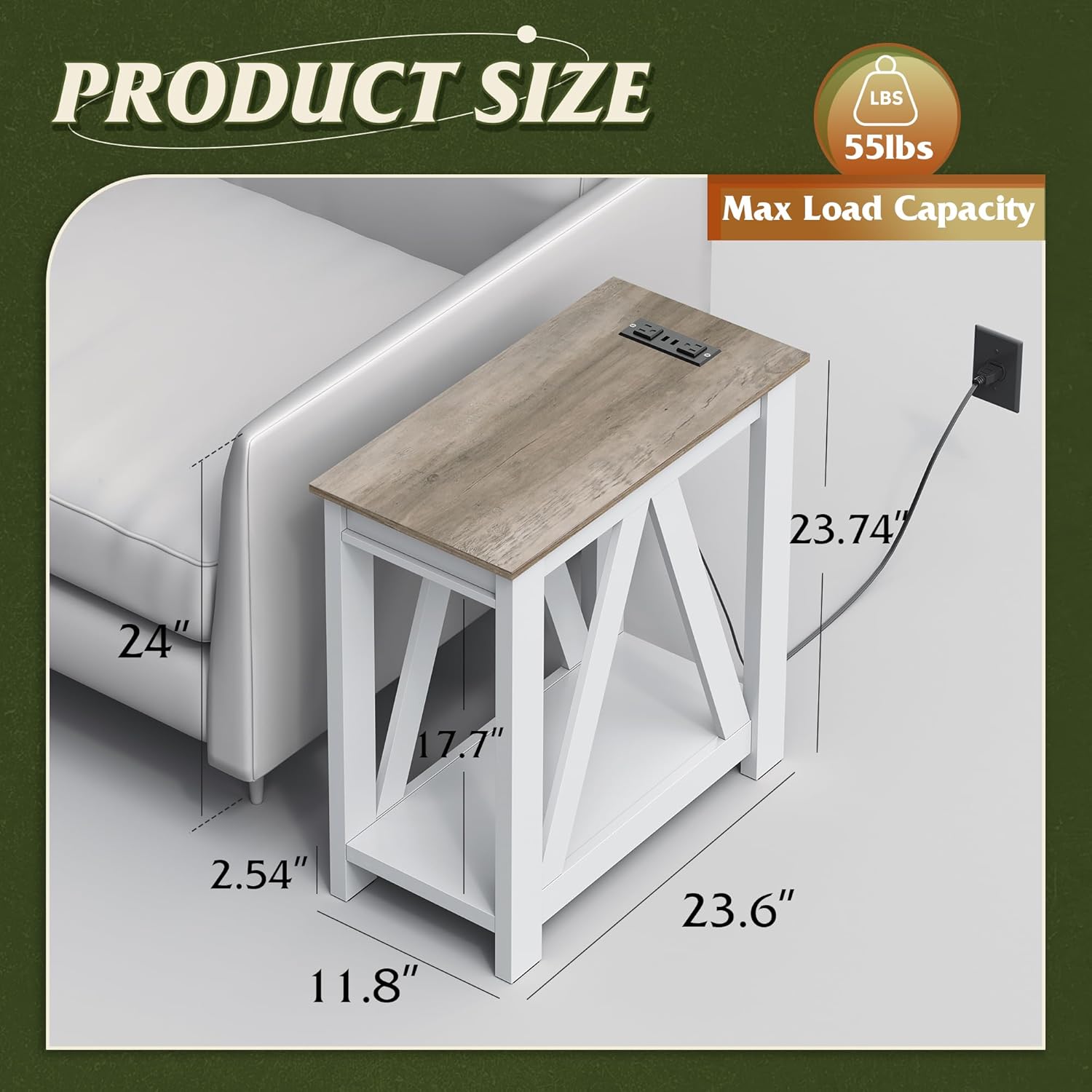 WLIVE Farmhouse Narrow 2-Tier Side Table with Charging Station
