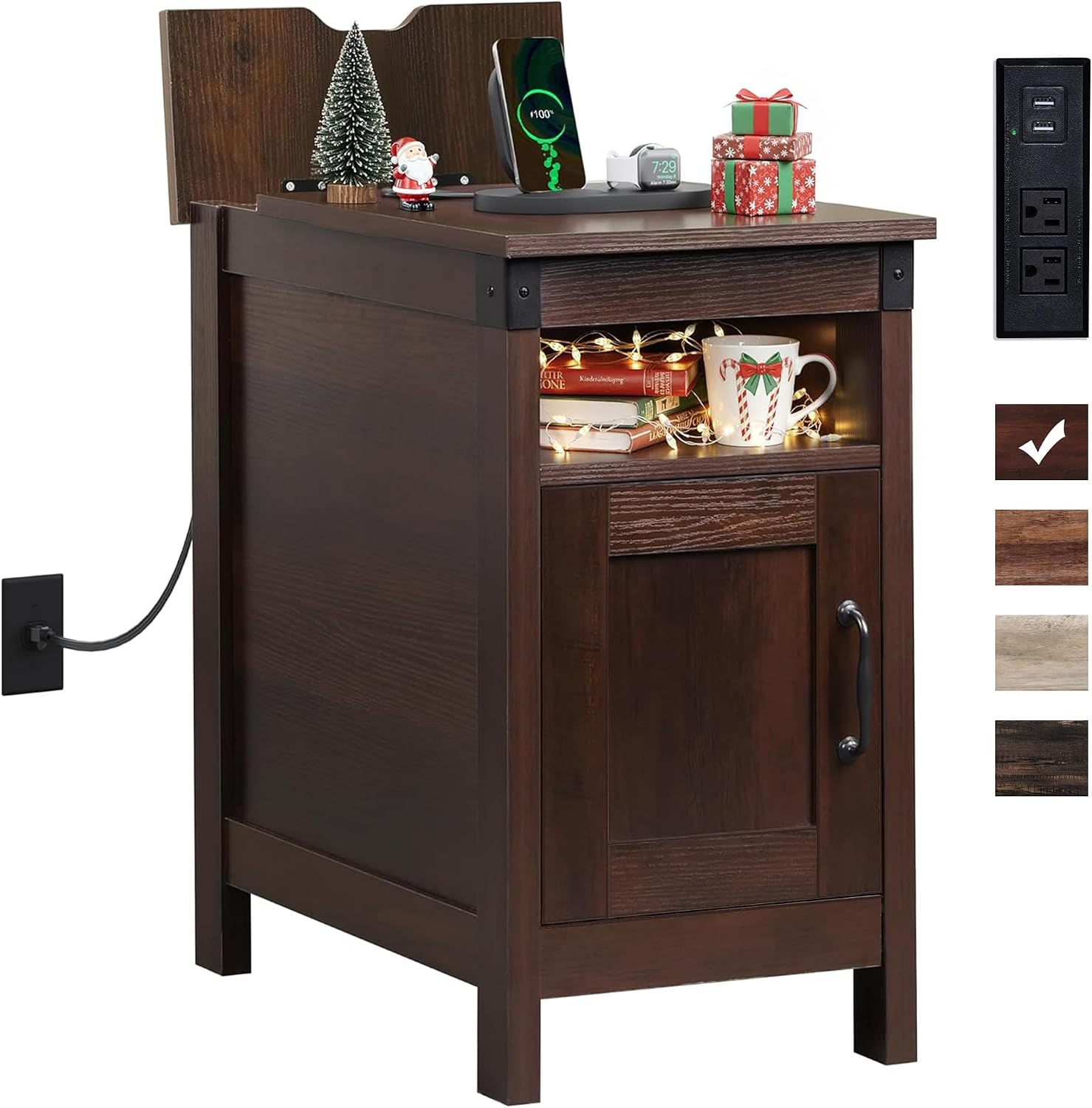 WLIVE End Table with Charging Station, Narrow Side Table for Living Room, Farmhouse Night Stand with Storage, Small Wooden Cabinet with USB Ports and Outlets for Living Room and Bedroom