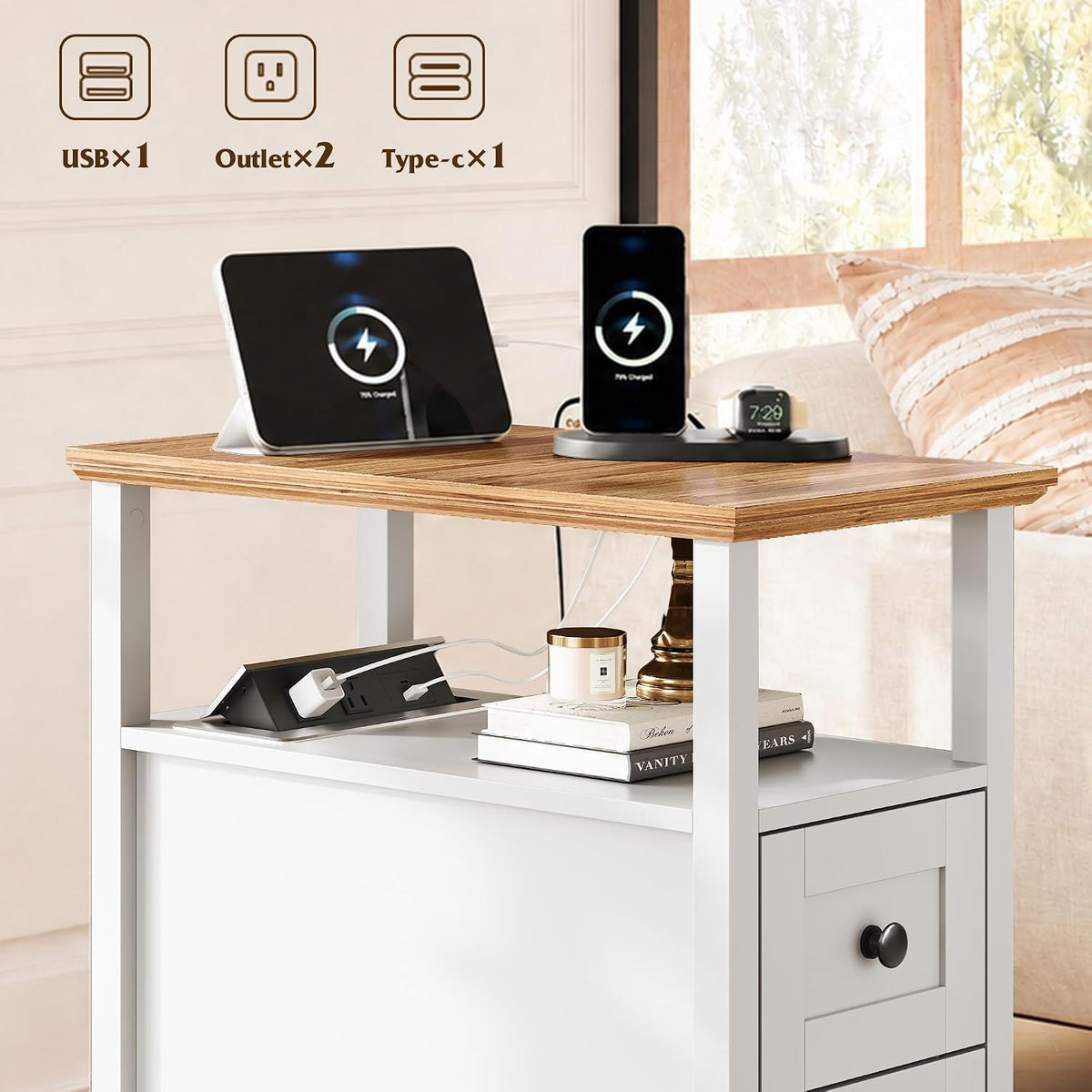WLIVE End Table with Charging Station & 2 Drawers Narrow Nightstand White 2 USB Ports + 2 AC Outlets; Hidden Flip-Top Charging Station; Antique Cherry Finish; 2 Drawers + Open Shelf + Cabinet Storage