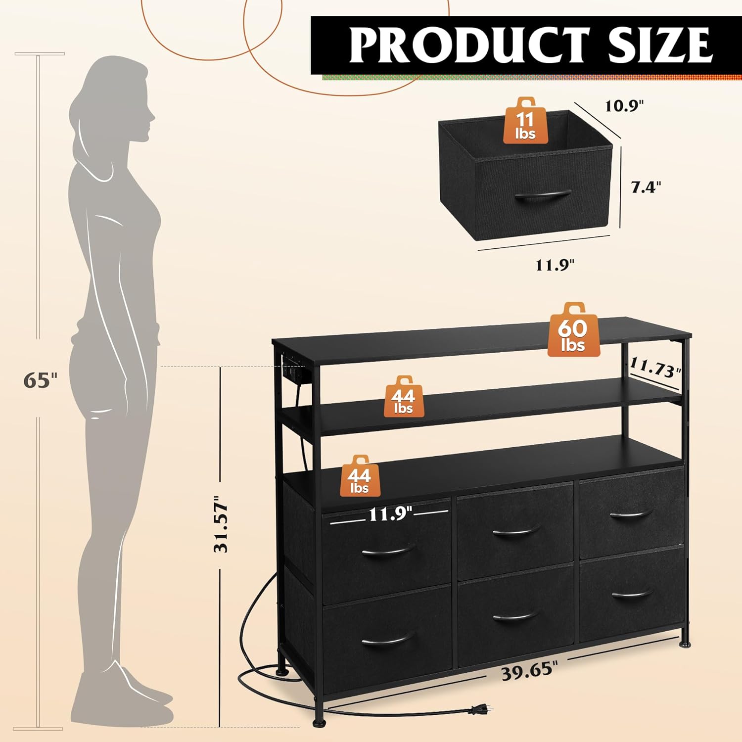 WLIVE Minimalist 6-Drawer LED Large Storage Fabric Dresser TV Stand