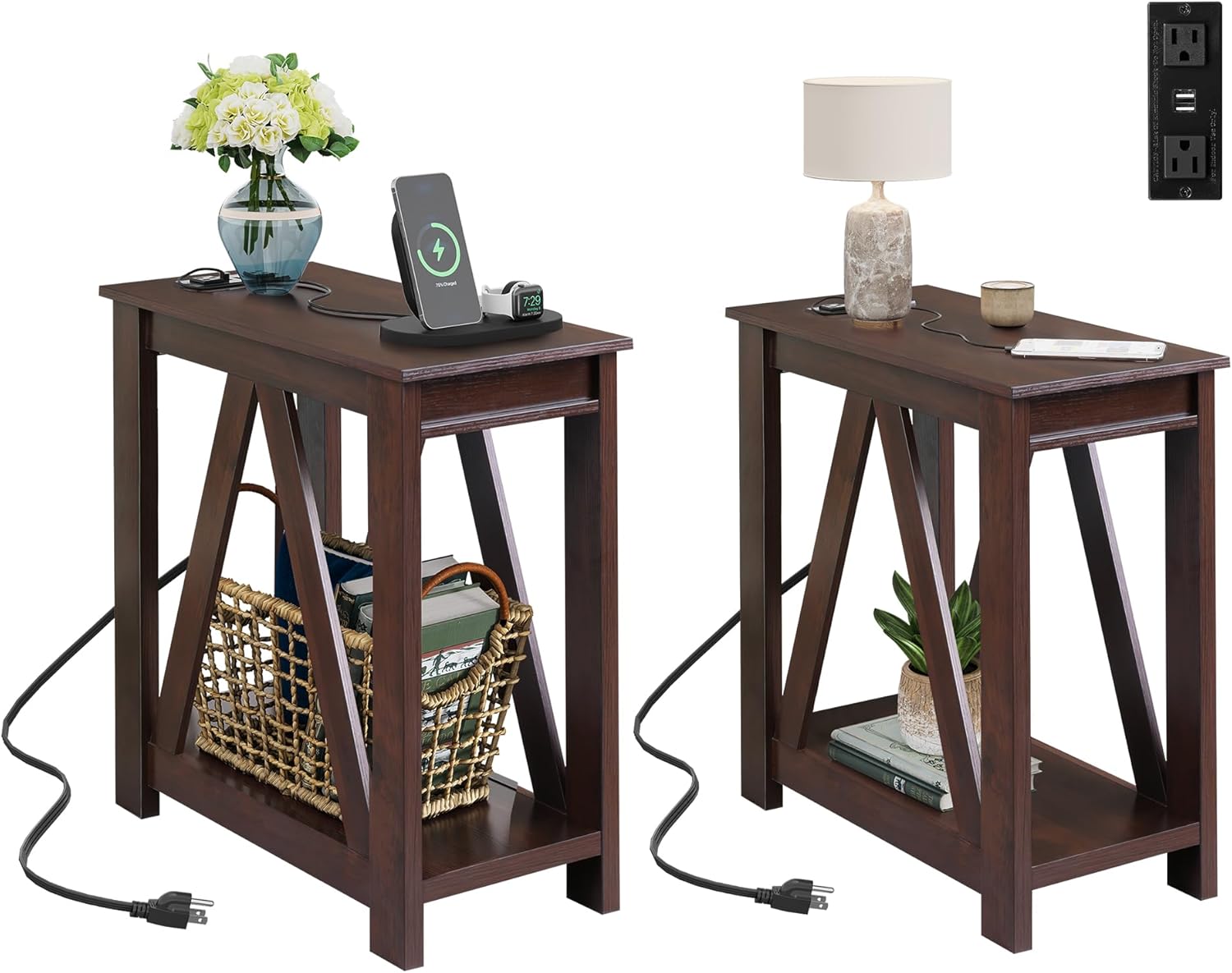 WLIVE End Tables Living Room Set of 2 with Charging Station, Sofa Side Tables with Open Storage Shelf, Slim Farmhouse End Table Sets