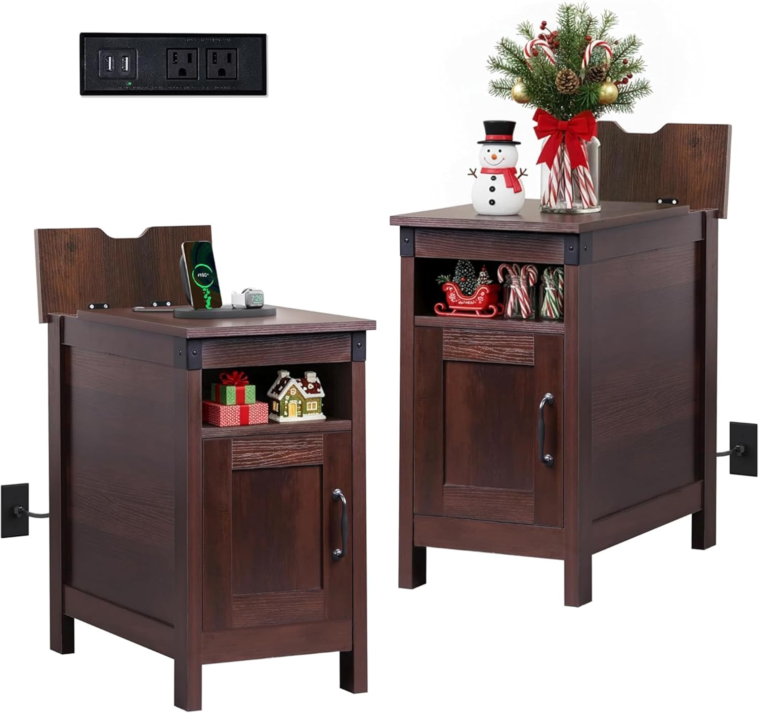 WLIVE Farmhouse End Table Set of 2 with Charging Station, Narrow Side Tables Living Room, Bedroom, Couch with USB Ports and Outlets, Wood Nightstand Sets with Storage