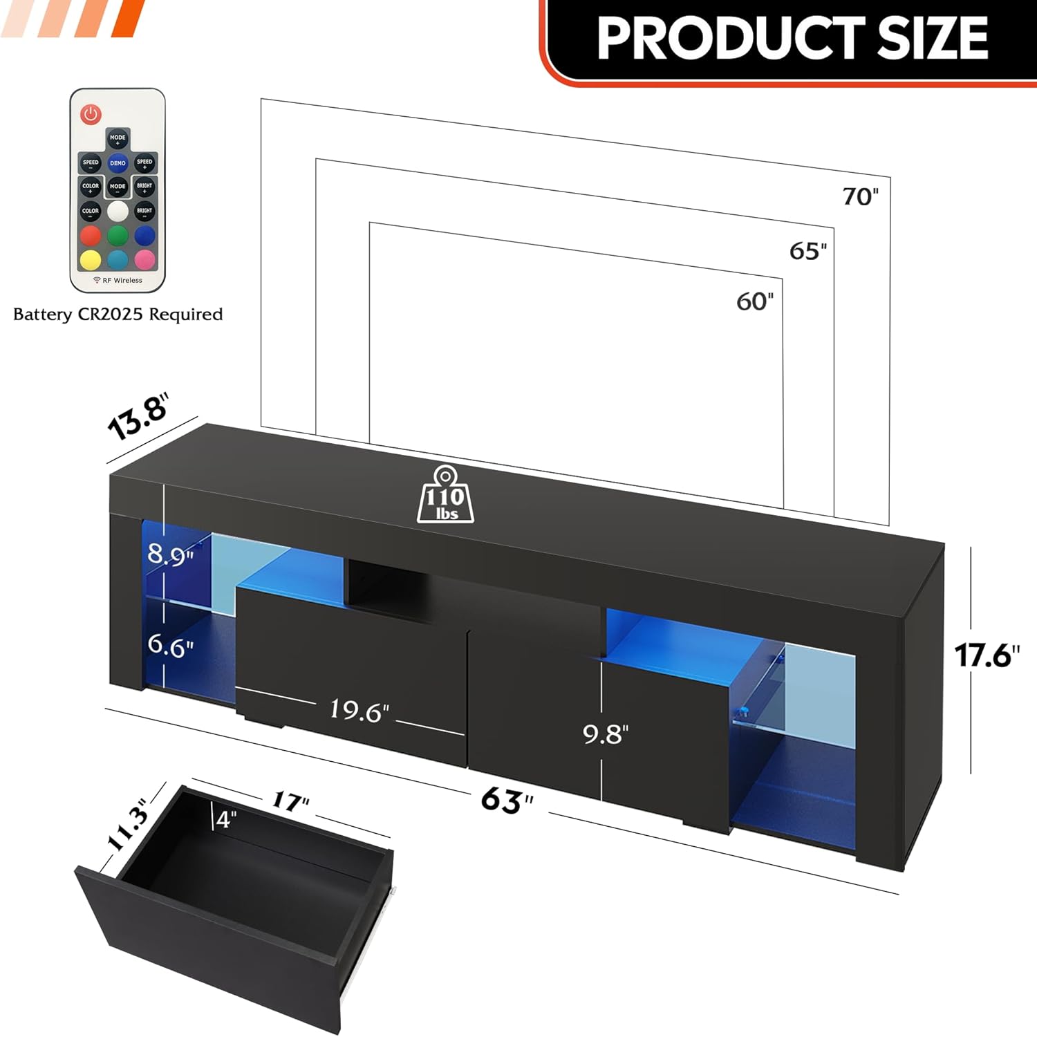 WLIVE Modern LED TV Stand with Glass Shelves for 70 Inch TV