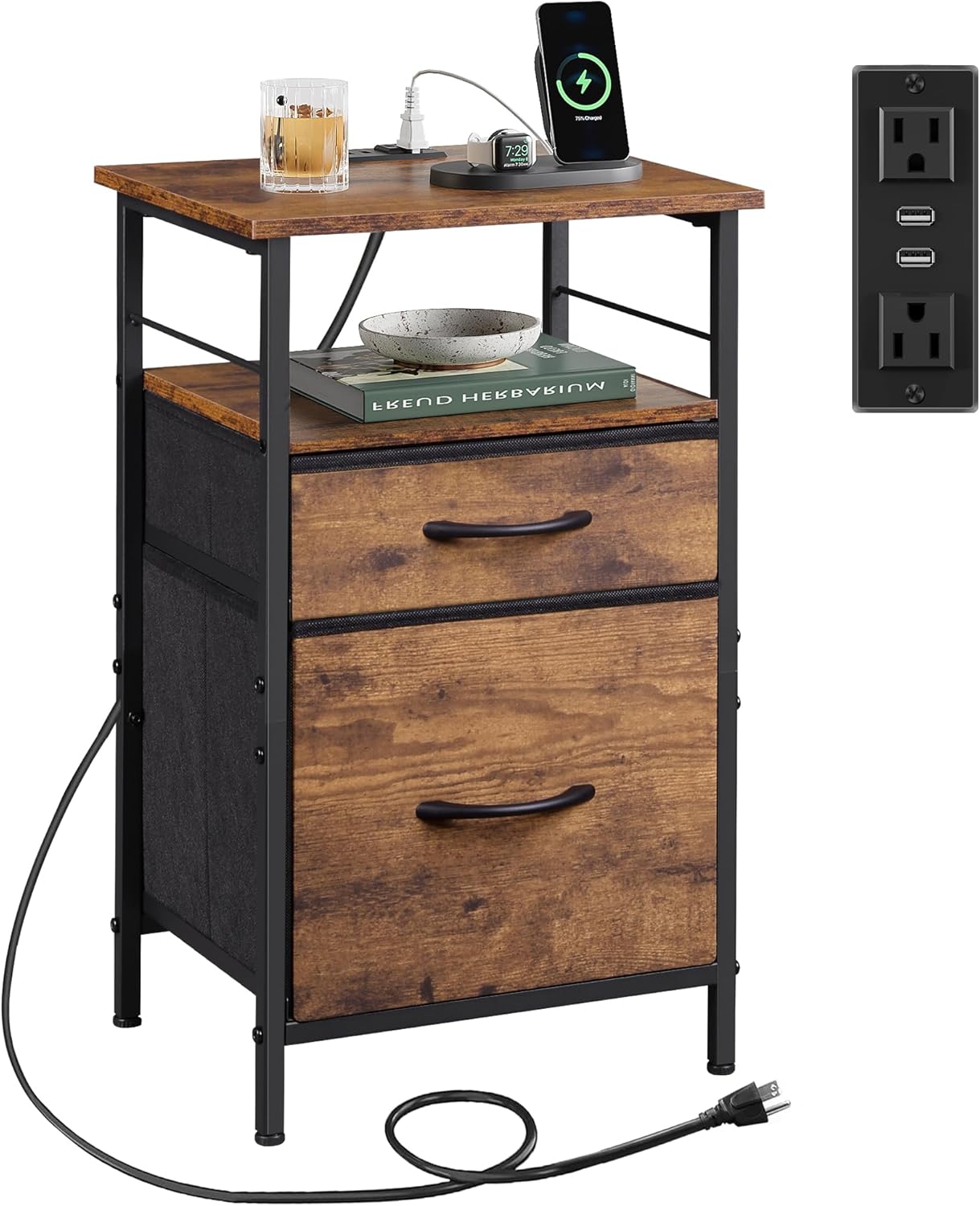 WLIVE Fabric Drawer Nightstand with Charging Station Set of 2