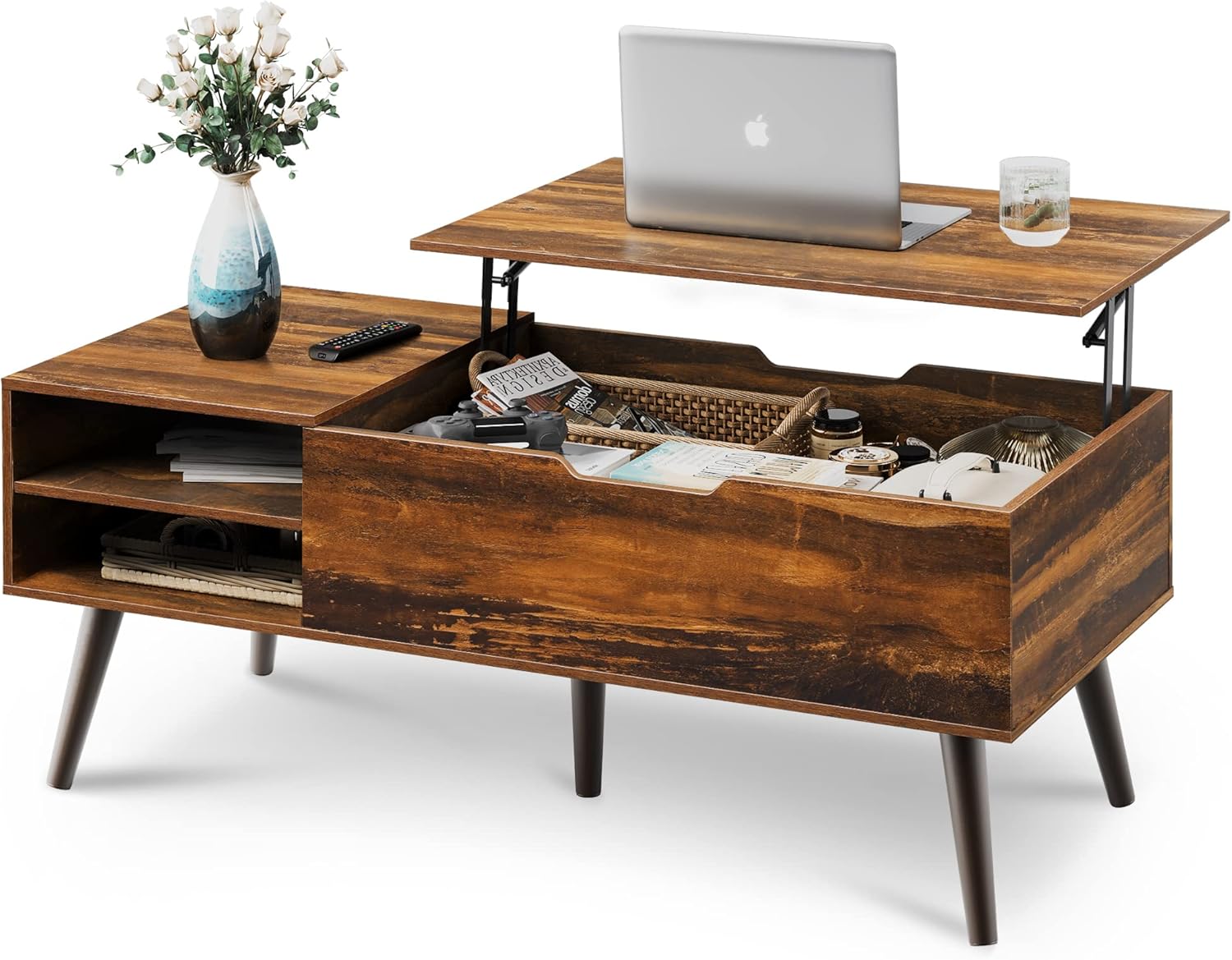 WLIVE Mid Century Modern Wood Lift Top Coffee Table with bookshelves