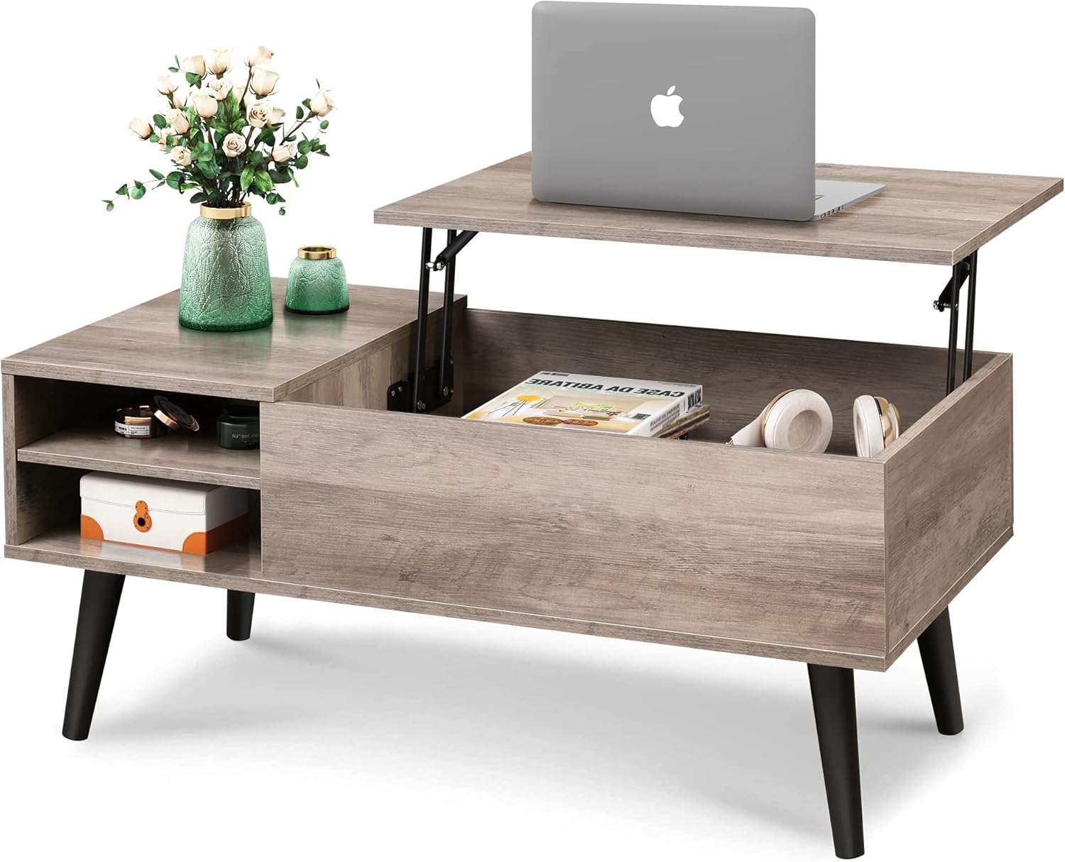 WLIVE Mid Century Modern Wood Lift Top Coffee Table with bookshelves