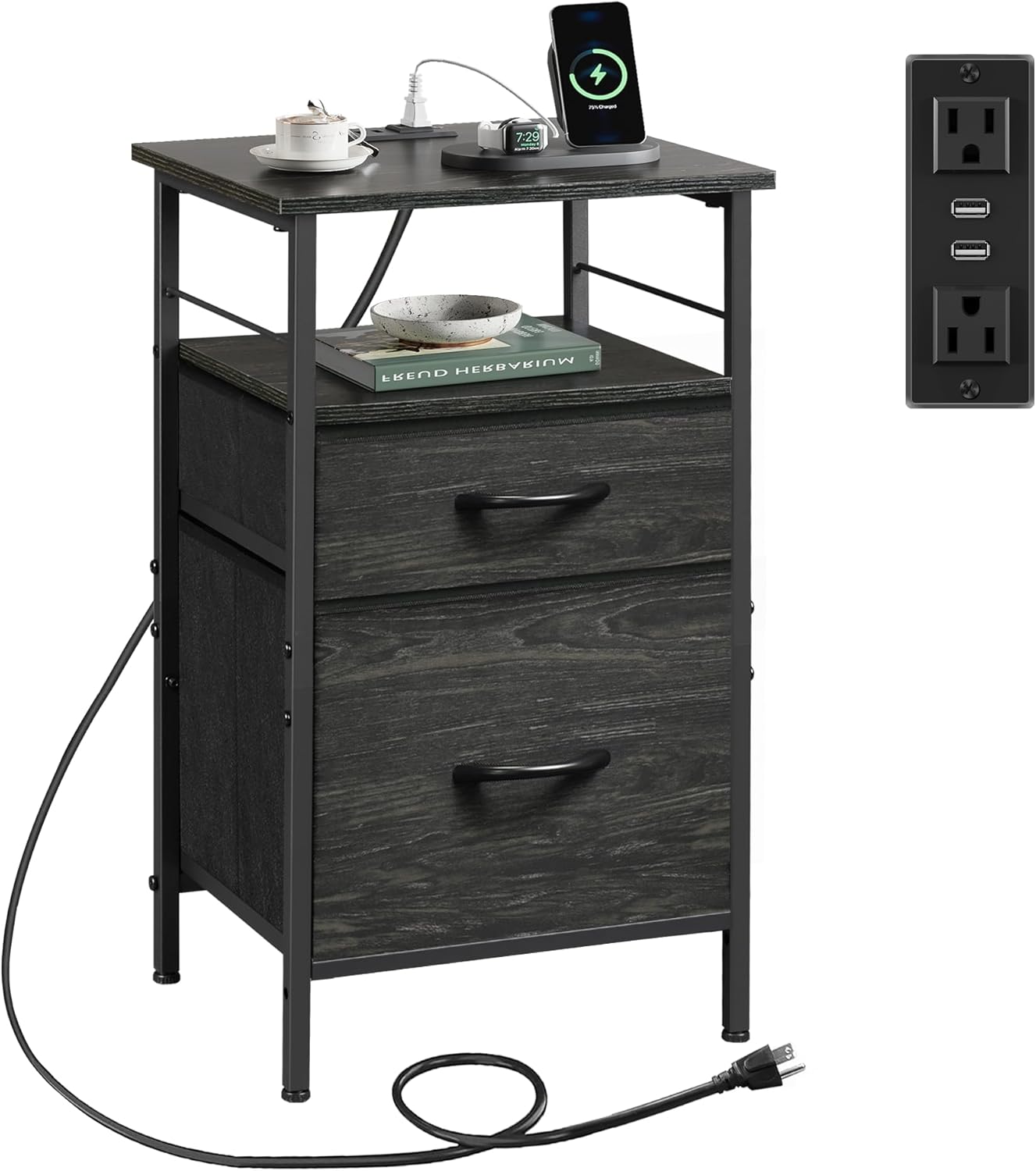 WLIVE Fabric Drawer Nightstand with Charging Station Set of 2