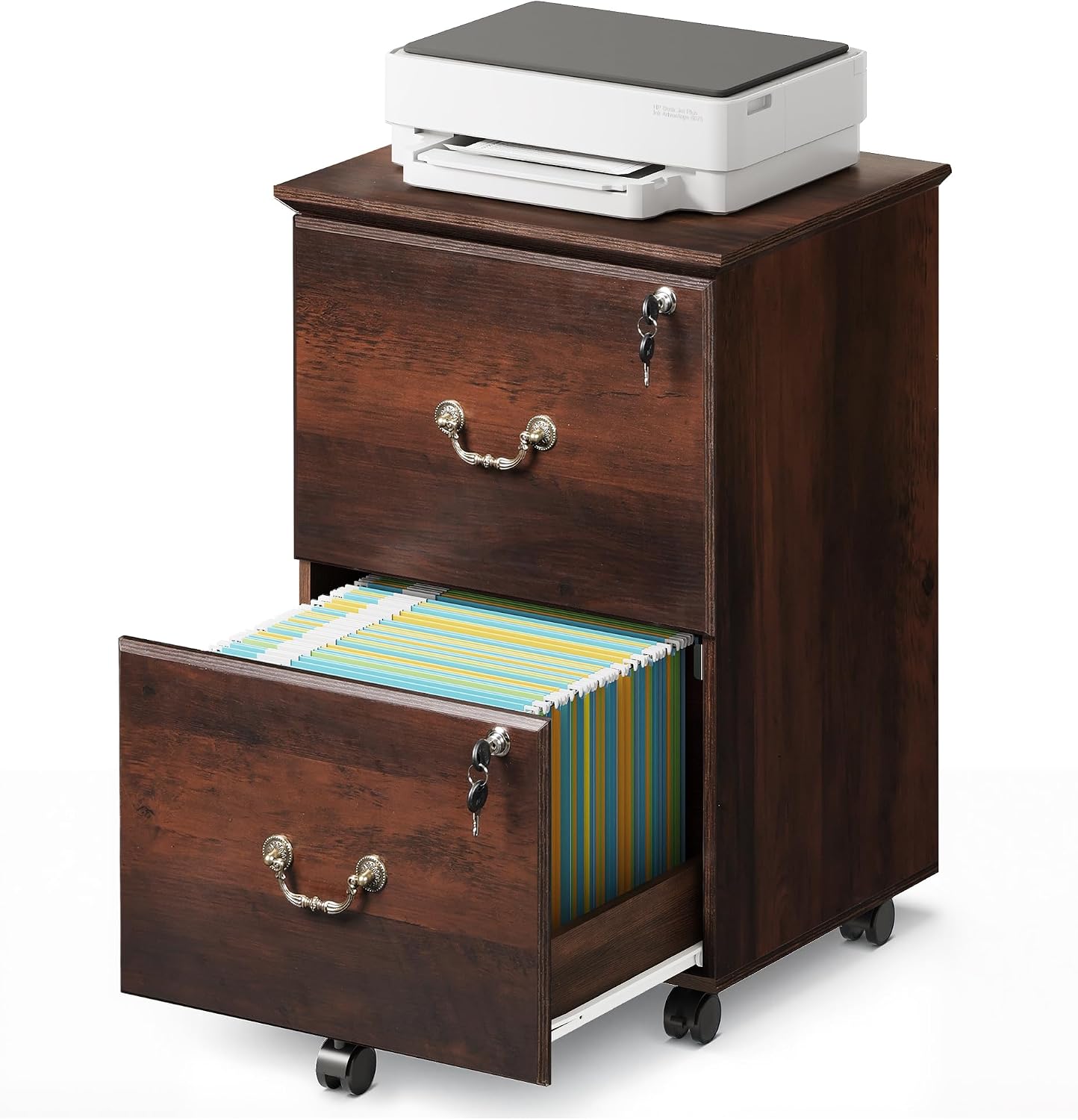DEVAISE 2 Drawer File Cabinet, Mobile File Cabinet with Lock, Brown Oak | Wood Filing Cabinet for Under Desk for Home Office, Rolling Printer Stand for Office Storage, 360° Lockable Casters