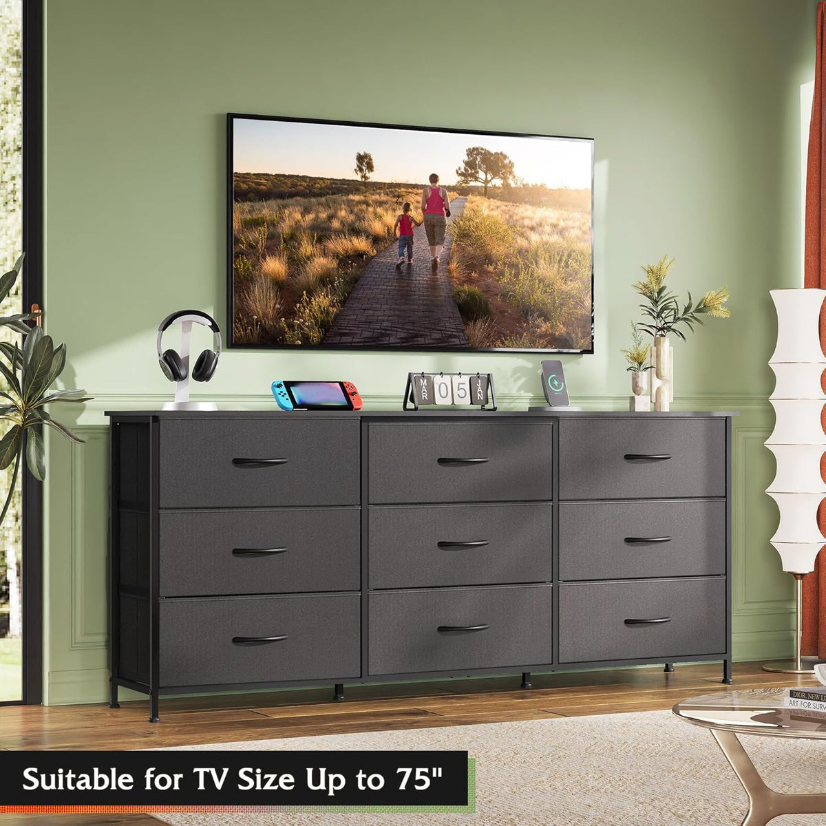 WLIVE Dresser TV Stand for 75'' TV, 9 Fabric Drawers of Wide Dresser, Black