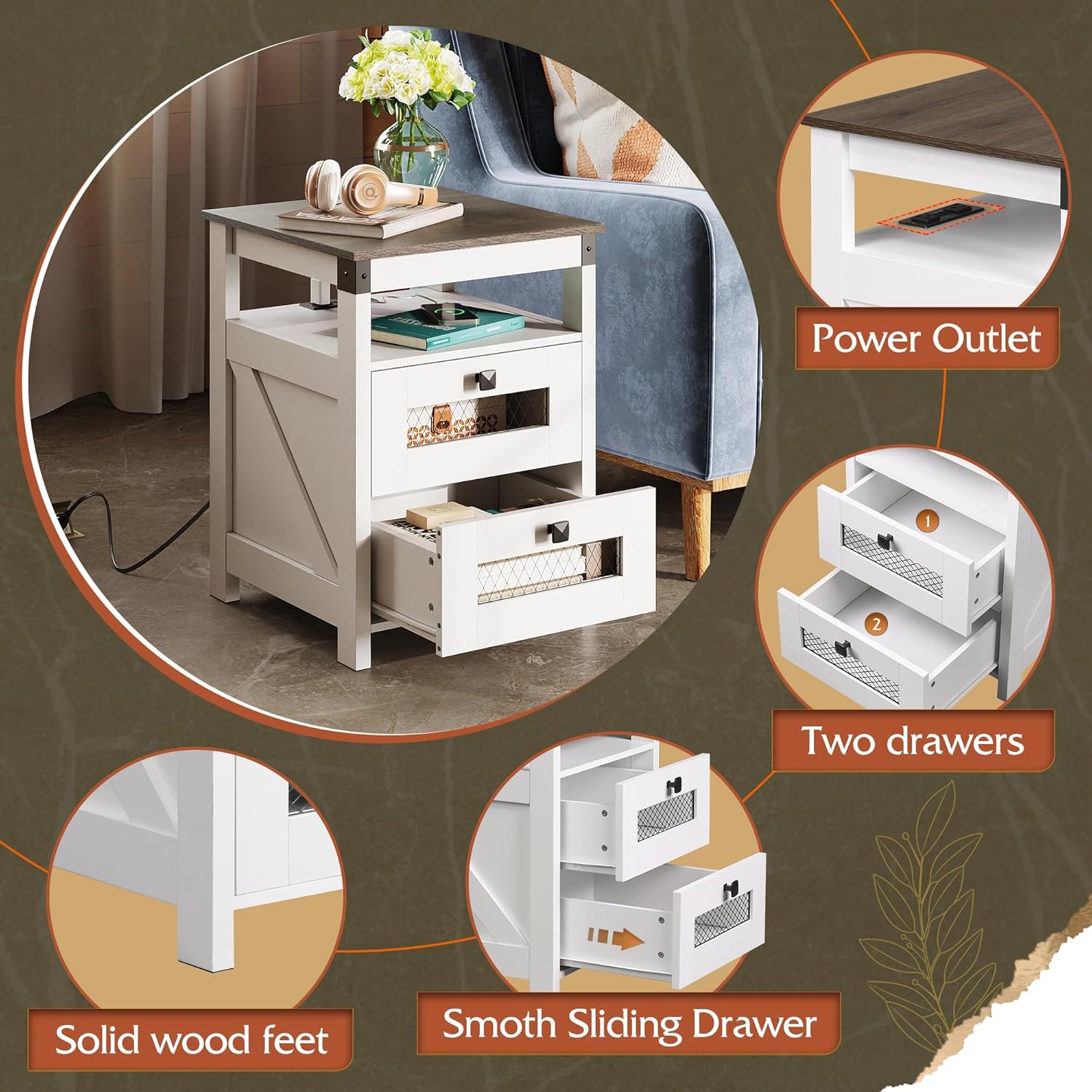 WLIVE Farmhouse 2 Drawer Wood Nightstand with Charging Station