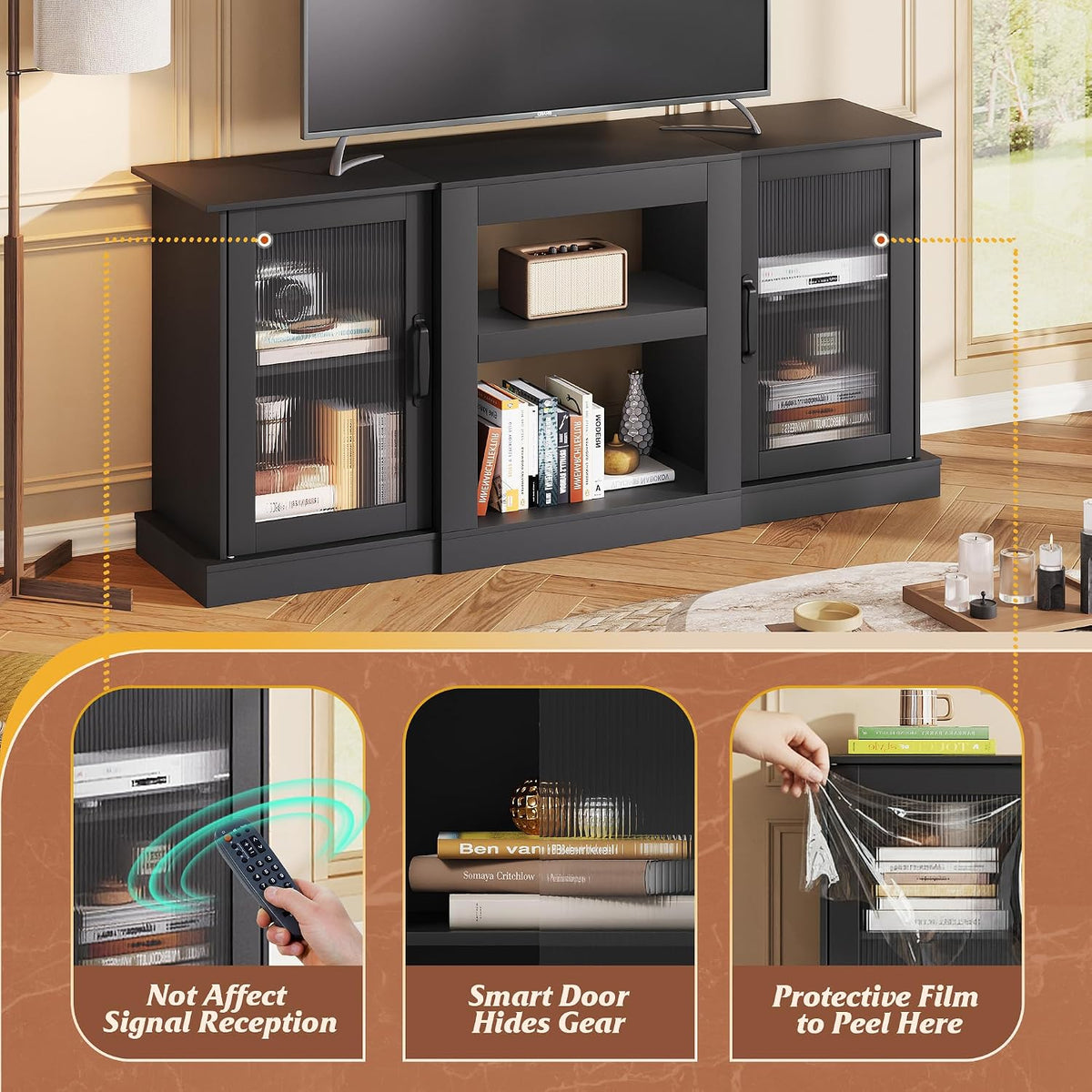 WLIVE 58" Farmhouse TV Stand for 65/60/55 Inch TVs, Tall Entertainment Center with Storage Cabinets & Adjustable Shelves, Modern Media Console Table with Acrylic Doors for Living Room Bedroom, Black