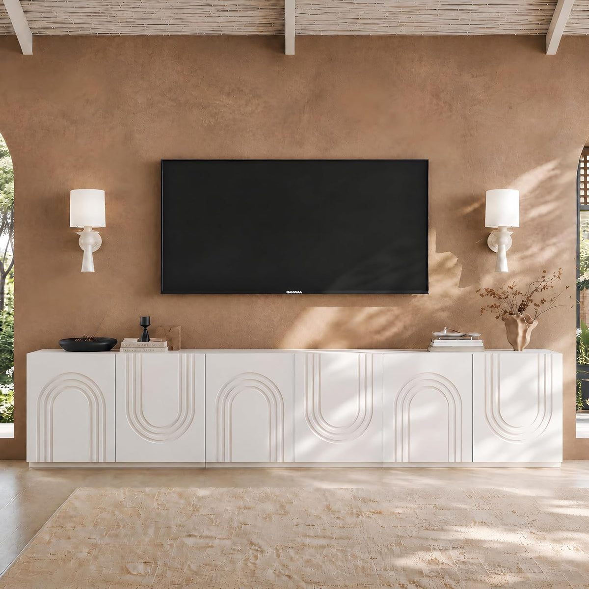 WLIVE Modern Modular TV Stand for 100 inch TV, Combinable Storage,  Cream White 3D Embossed Arched Door Entertainment Center, Adjustable Shelves, Cable Management, Living Room, Bedroom