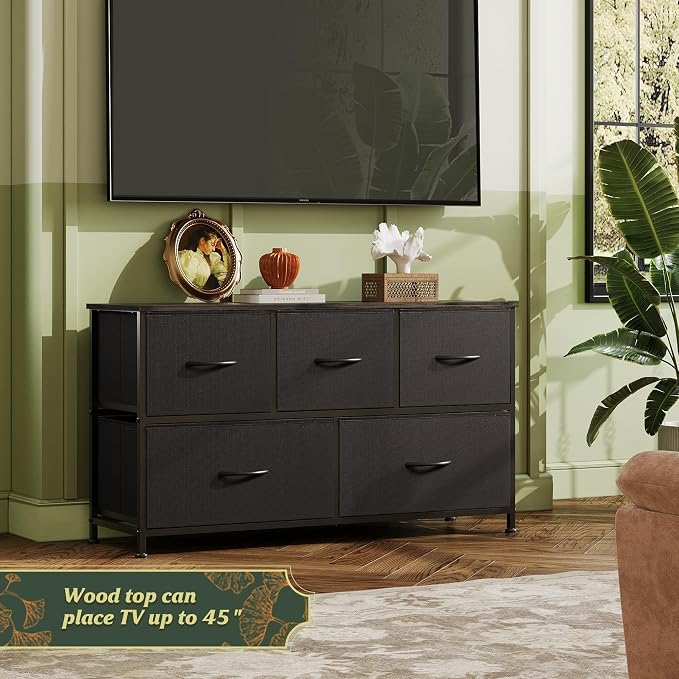 WLIVE Dresser for Bedroom, Wide Dresser with 5 Fabric Drawer Charcoal Black