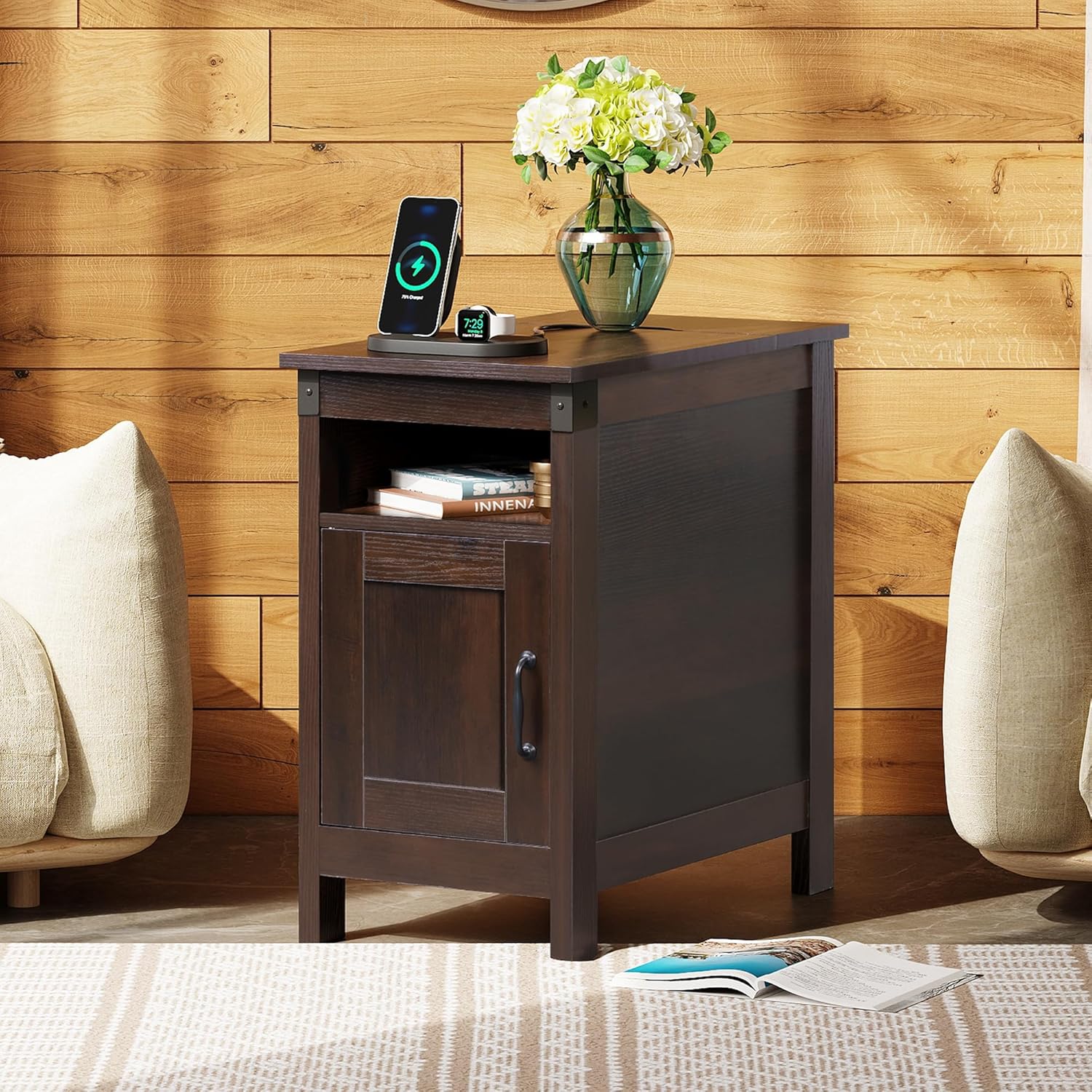WLIVE Narrow Vintage Charging Side Table with Cabinet