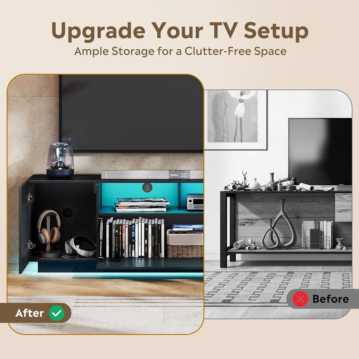 WLIVE LED TV Stand for 55/60/65 Inch TVs, Modern Entertainment Center with Storage Cabinets and Drawer, Gaming Media TV Console with RGB Lights for Living Room, Black