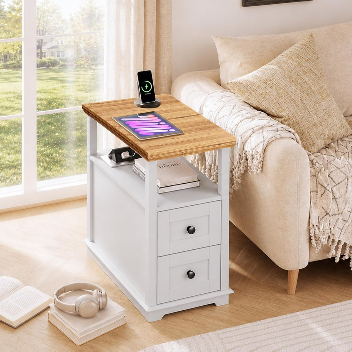 WLIVE End Table with Charging Station & 2 Drawers Narrow Nightstand White 2 USB Ports + 2 AC Outlets; Hidden Flip-Top Charging Station; Antique Cherry Finish; 2 Drawers + Open Shelf + Cabinet Storage