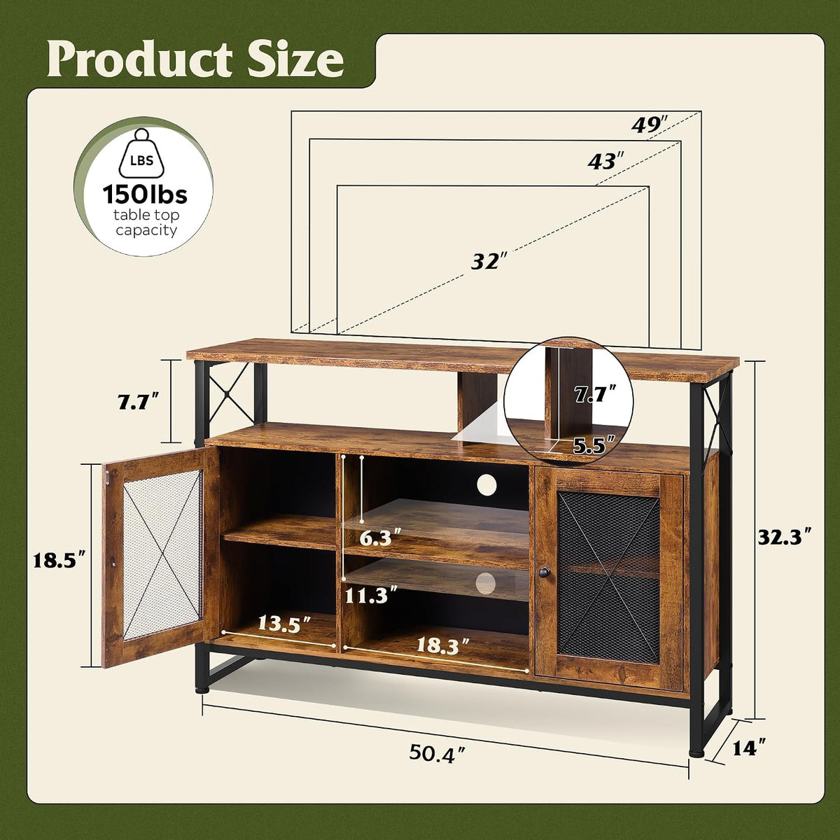 WLIVE TV Stand 55 inch TV, Tall Entertainment Center with Storage, Farmhouse Industrial TV Console for Bedroom Living Room