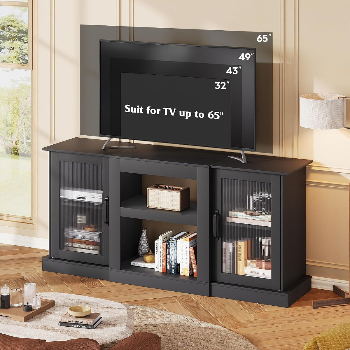 WLIVE 58" Farmhouse TV Stand for 65/60/55 Inch TVs, Tall Entertainment Center with Storage Cabinets & Adjustable Shelves, Modern Media Console Table with Acrylic Doors for Living Room Bedroom, Black